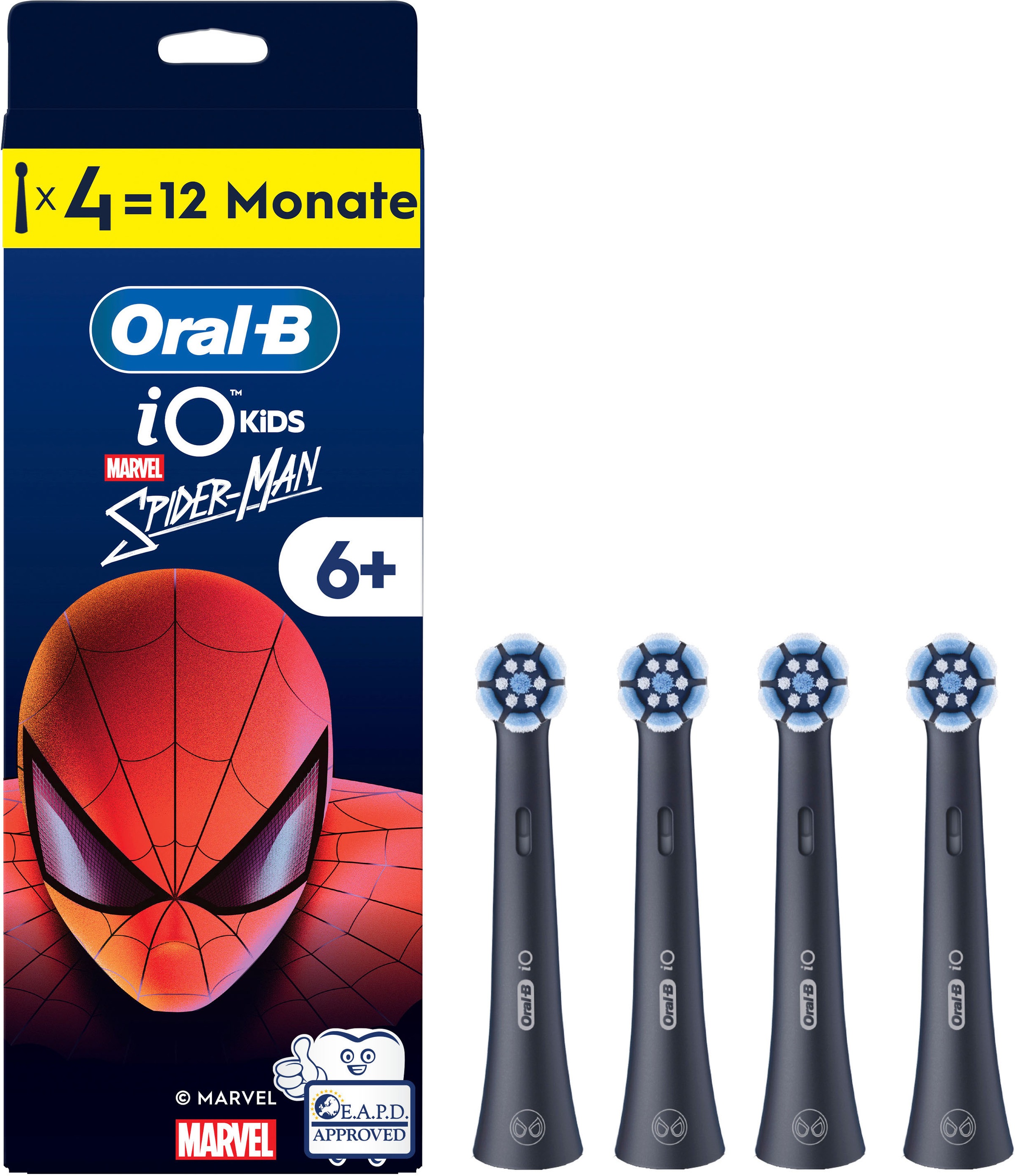 ORAL-B Kinder Aufsteckbürsten "iO Kids 6+ Marvel Spiderman", 4 Stk.schwarz, Zahnbürstenköpfe, Sanft zu wackeligen Zähnen & Zahnfleisch, ab 6 Jahren