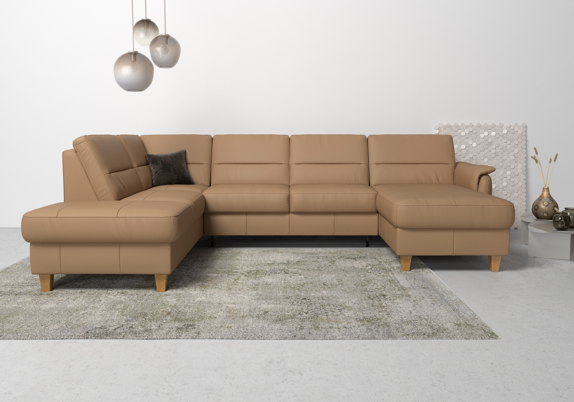 Home affaire Wohnlandschaft "Palmera U-Form, B: 308 cm, große Stoff + Leder Auswahl" mit Schlaffunktion & Bettkasten, Federkern, XXL-Wohnlandschaft