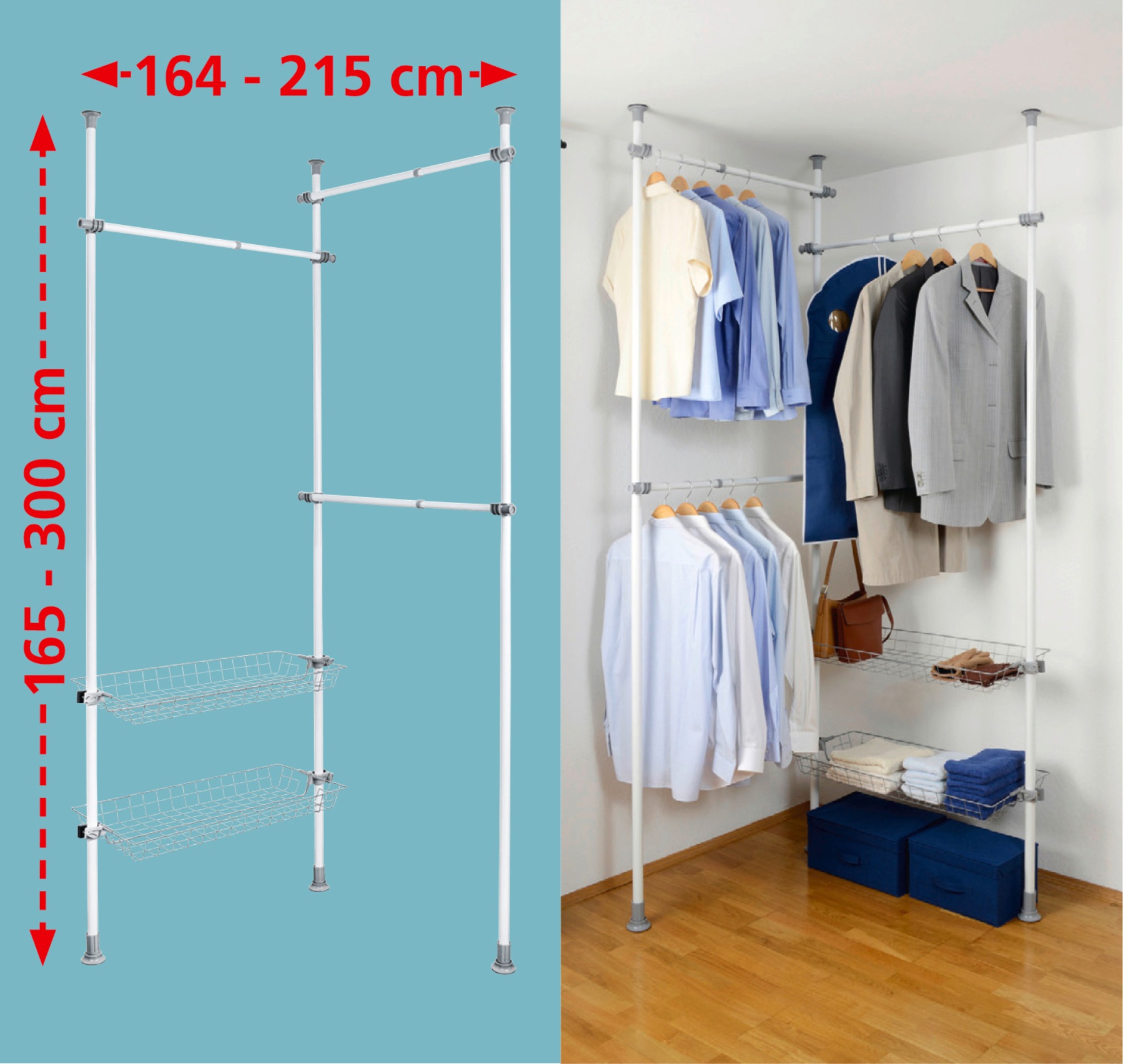 WENKO Teleskopregal »Modell Herkules Duo«, zum Klemmen ohne Bohren, verstellbar, mit 3 Kleiderstangen & 2 Körben