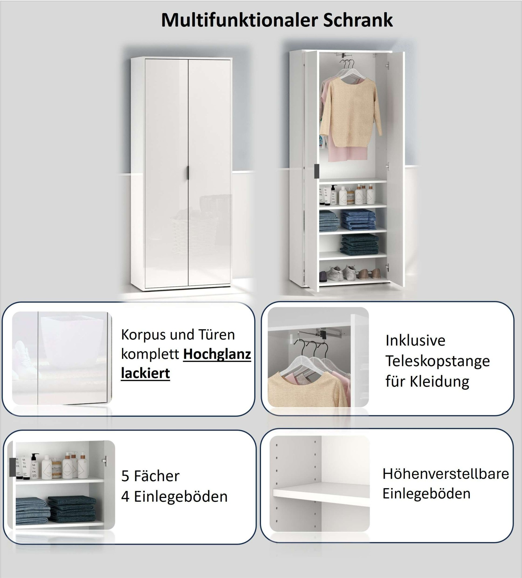 Thumbnail - Home affaire Mehrzweckschrank "JOLLY, Stauraumschrank, Breite 72,5 cm, Höhe 178 cm" 1 Stk. tlg. 2 Türen, 4 Einlegeböden,...