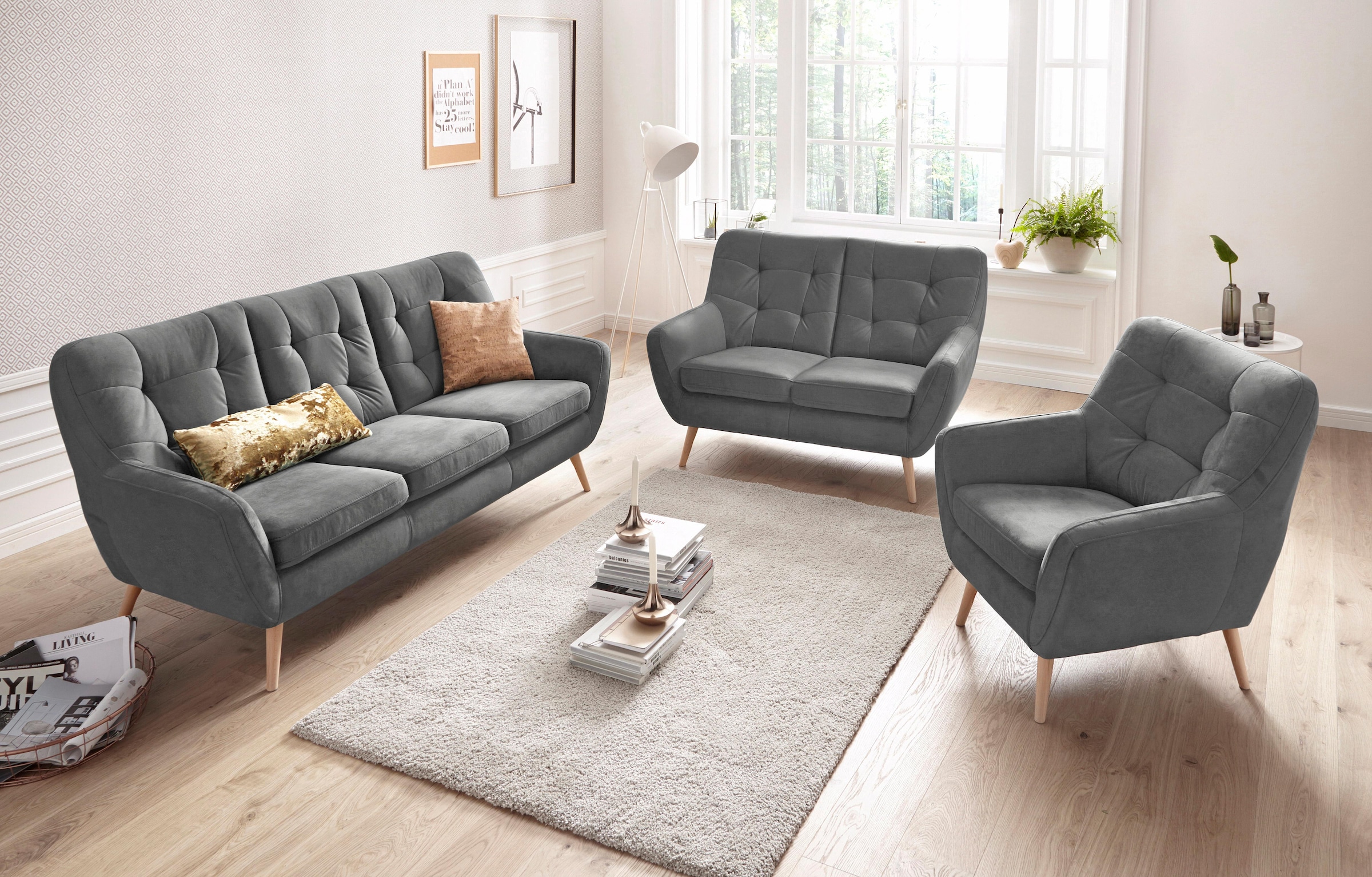 exxpo - sofa fashion 3-Sitzer »Scandi, bequem, aufwendige Rückenpolsterung für mehr Sitzkomfort«, aktuelle Farben in hochwertigen Bezugsqualitäten, Holzfuß