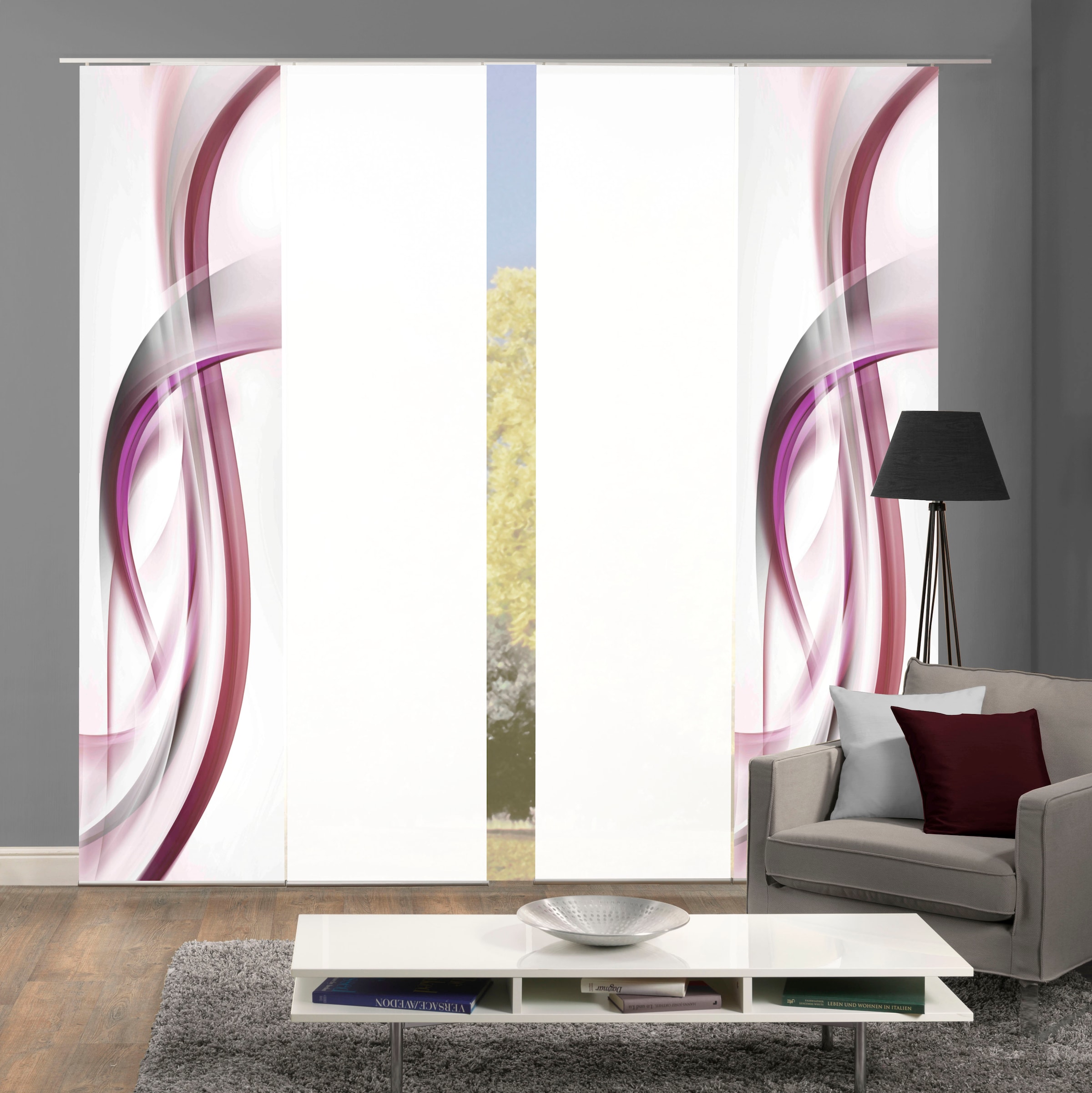 Schiebegardine HOME WOHNIDEEN, B:60cm H:245cm, lila, Polyester, Wohnzimmer, Gardinen, "FALA", Schiebevorhang Digi 4er Set FALA BEERE