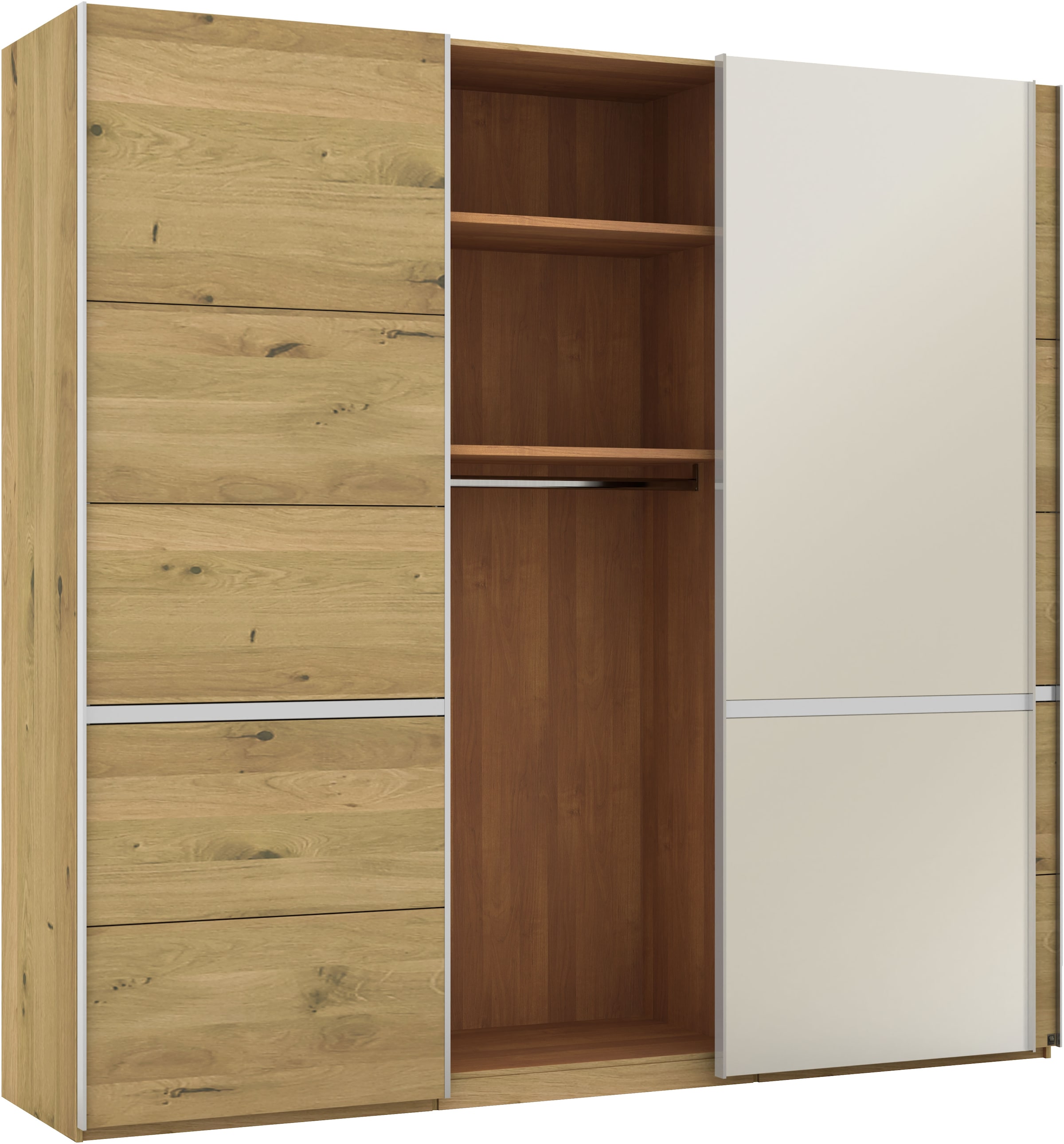 Musterring Schwebetürenschrank »Savona, Kleiderschrank, Schrank, Garderobe, mit Schiebetüren«, (Teilmassiv Bianco-Eiche, mit Spiegel oder Glas, MADE IN GERMANY), Türen Bianco-Eiche massiv, Spiegel-/Glastüren, eingelegte Chromleiste