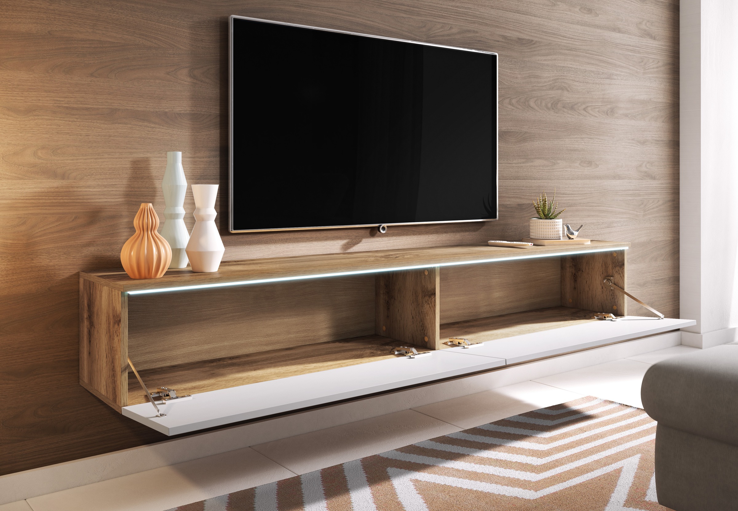 INOSIGN Lowboard »LOWBOARD VERA, wahlweise mit oder ohne Beleuchtung«, Modernes griffloses TV-Board, 180 cm TV-Schrank, stehend und hängend