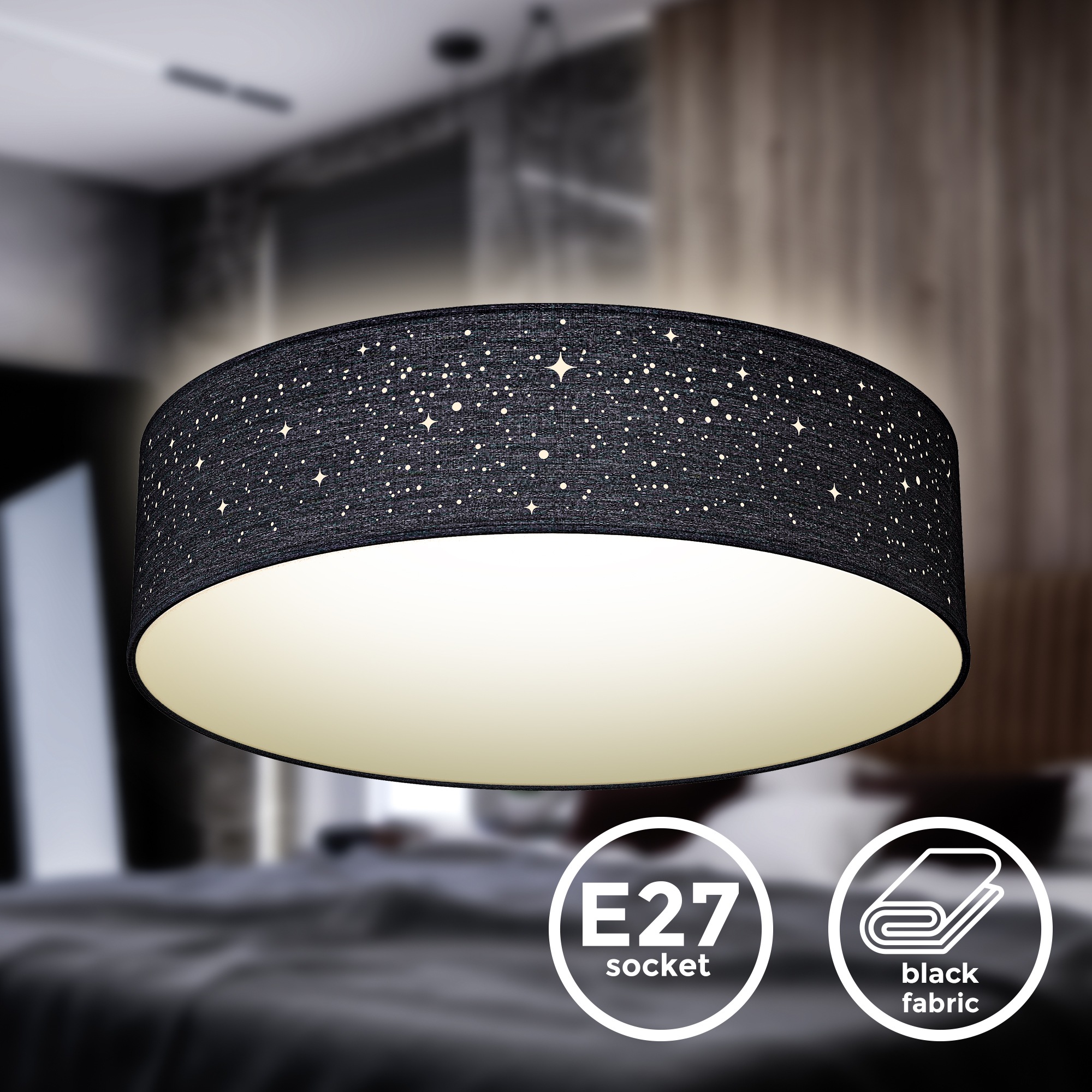 B.K.Licht Deckenleuchte »BK_SD1347 Deckenlampe, mit Stoffschirm, Ø38cm, Schwarz, E27-Fassung«, 2 flammig, Leuchtmittel E27 | ohne Leuchtmittel, 2-Flammig, Textil-Sternenhimmel, ohne Leuchtmittel (max. 40W)