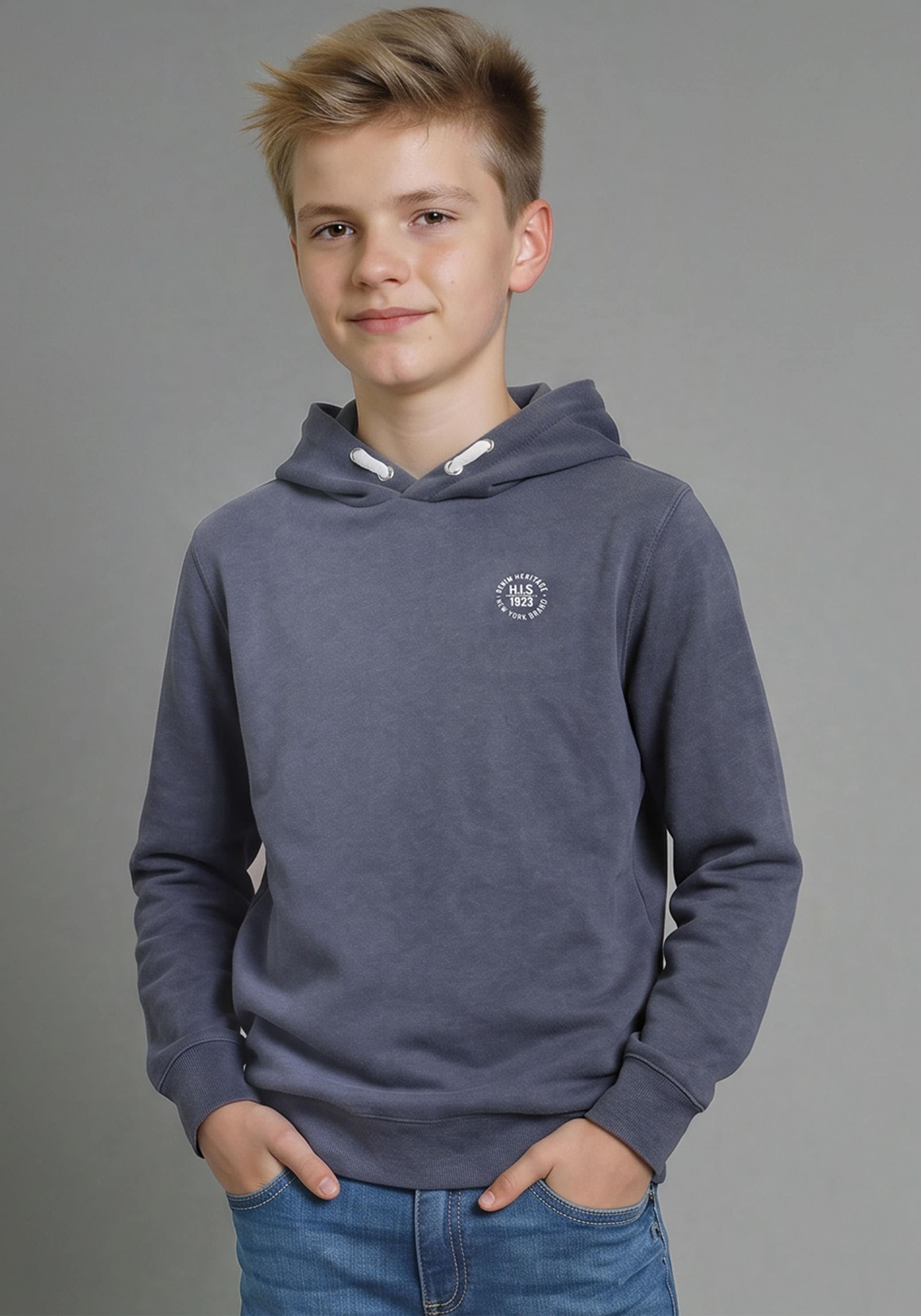 H.I.S Kapuzensweatshirt "H.I.S Hoodie mit Logo-Druck in melierter Ware für Jungen", Für TEENS. Hoodie mit kleinem Druck