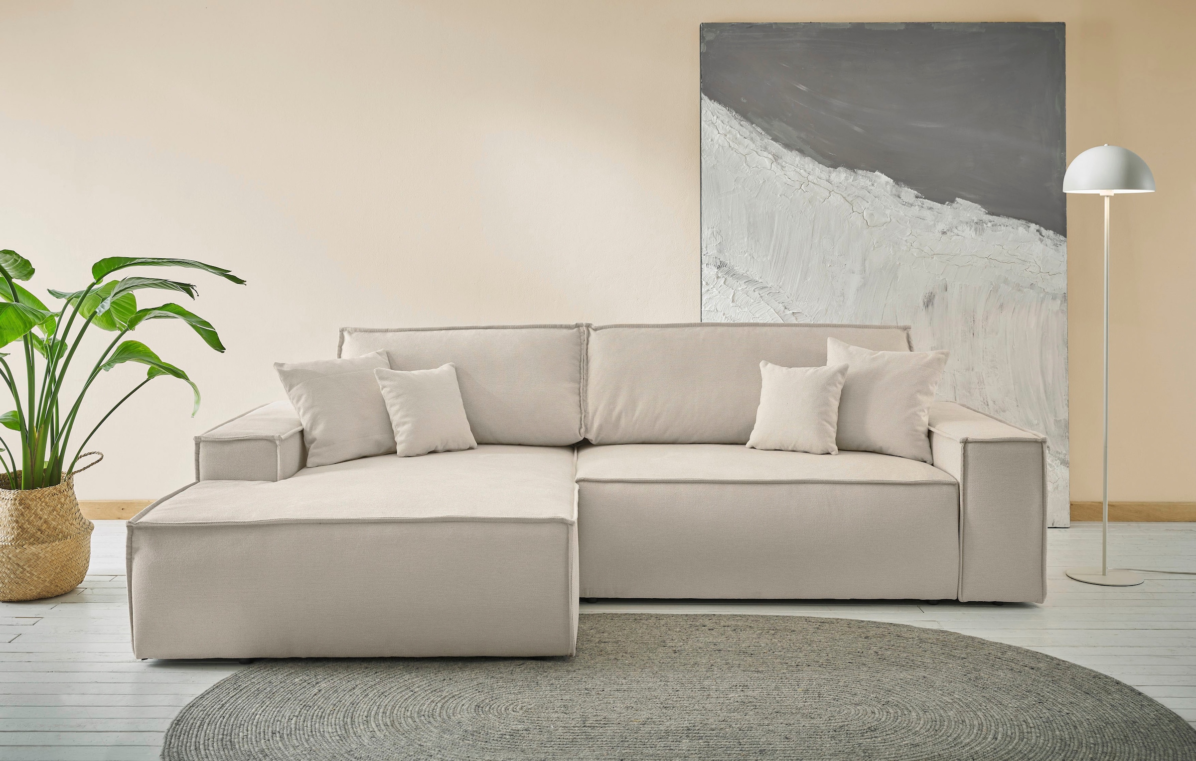 OTTO home Ecksofa "FINNLEY Struktur fein, L-Form 257 cm, Schlafsofa" mit Bettkasten, in Bouclé, Struktur fein und Mega Cord