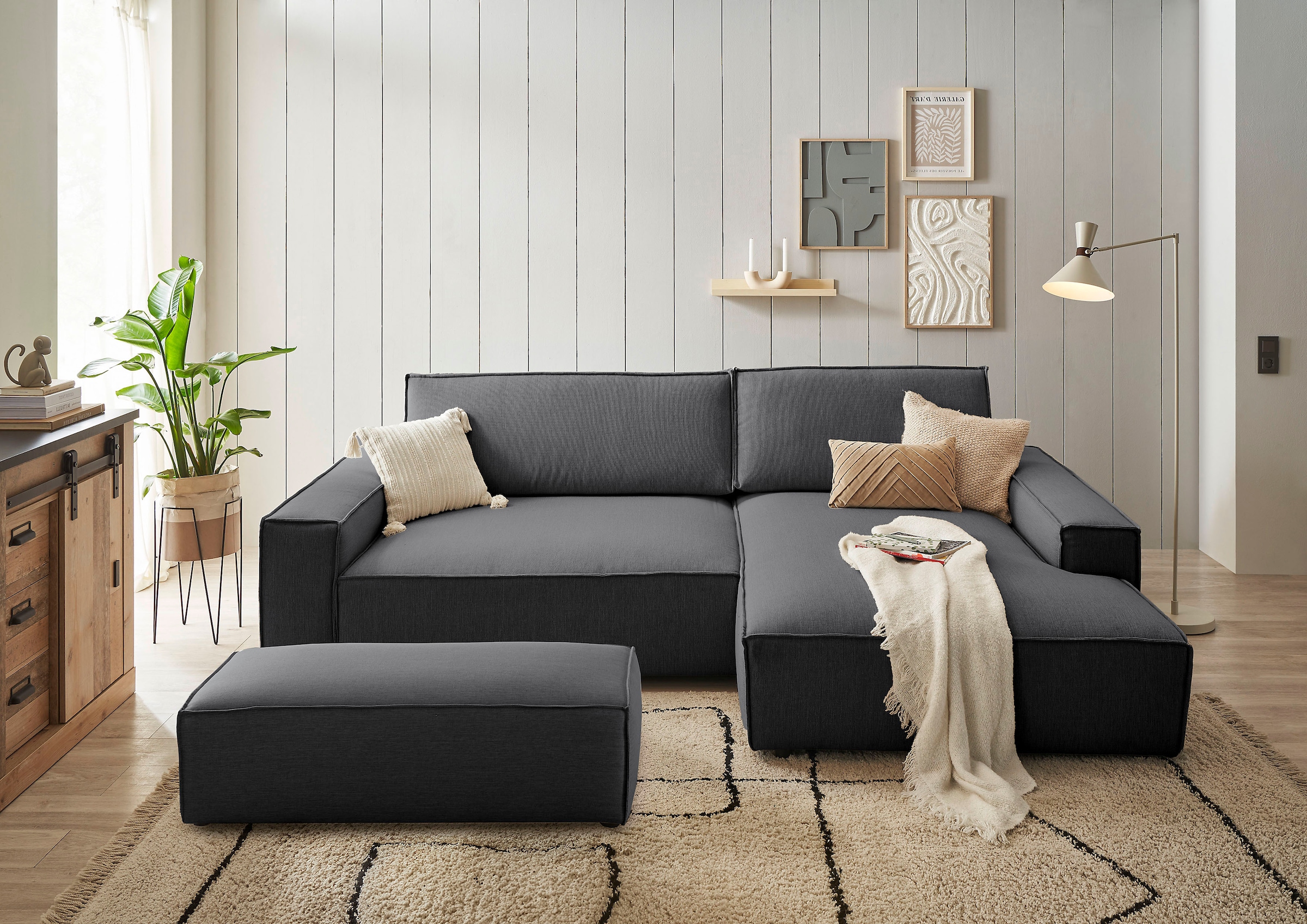 Home affaire Polsterecke »NEU: SHERWOOD XXL tief, L-Form mit Schlaffunktion, Big-Sofa mit Hocker«, (Set, 2 St.), stellbar zum Schlafsofa (Krokodilverbinder), Cord, Leinenoptik
