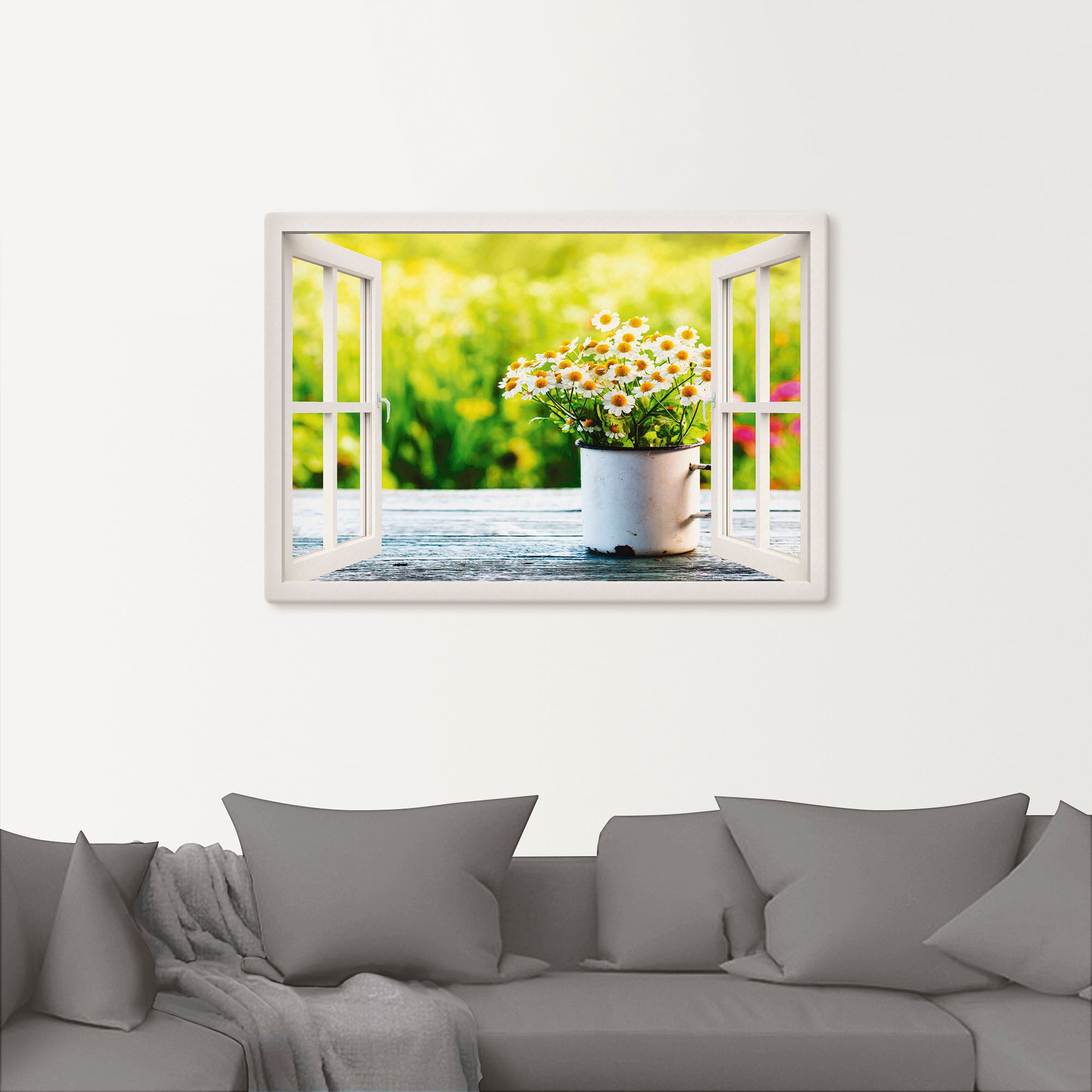 Artland Wandbild "Fensterblick Garten mit Gänseblümchen" Blumen 1 Stk. tlg. günstig online kaufen