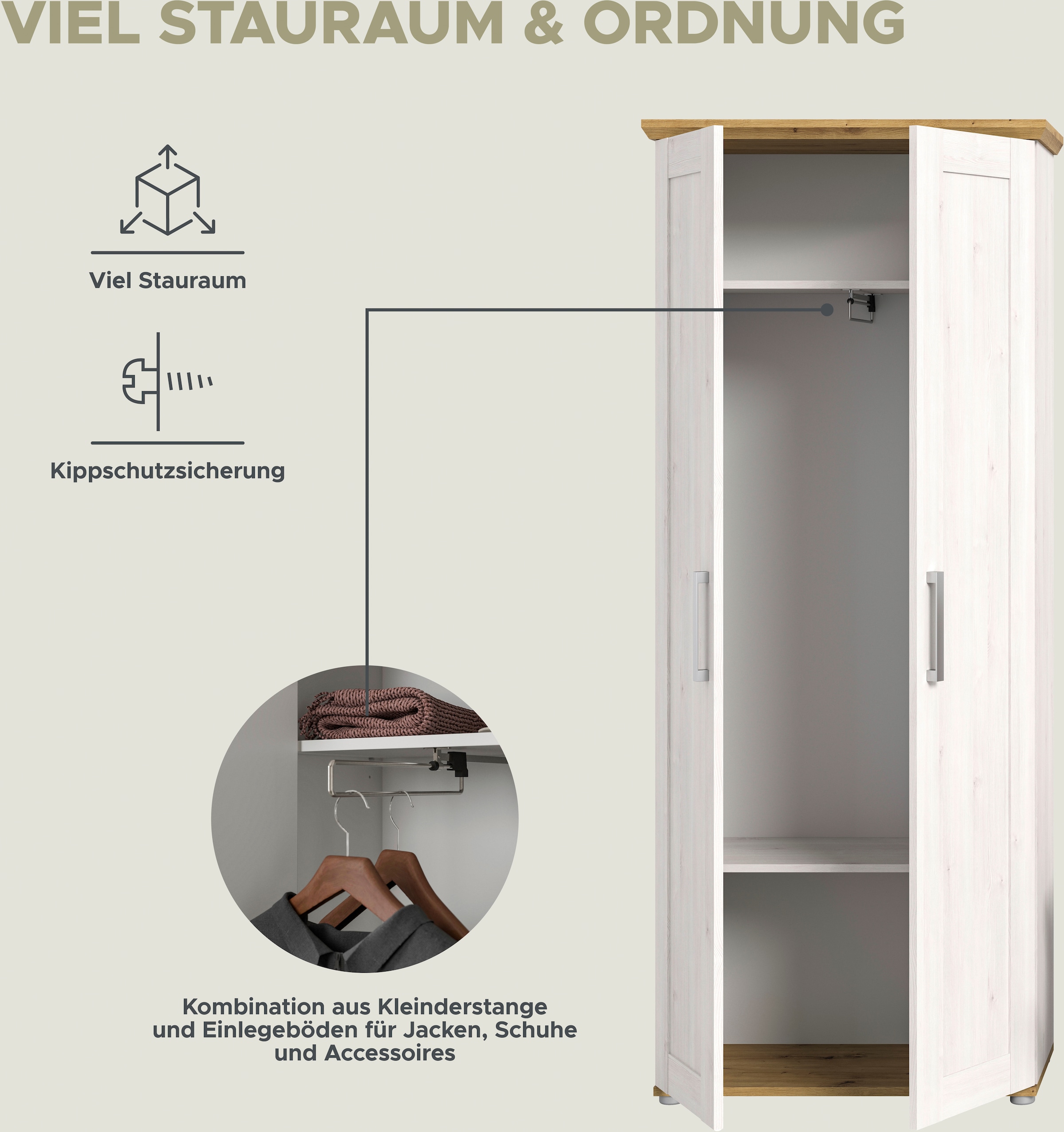 Home affaire Garderoben-Set »Cosenza, Breite ca. 285 cm, 2-farbig, 5-teilig, bestehend aus:«, (5 St.), Garderobenschrank, Sitzbank, Garderobenpaneel, Schuhschrank, Spiegel