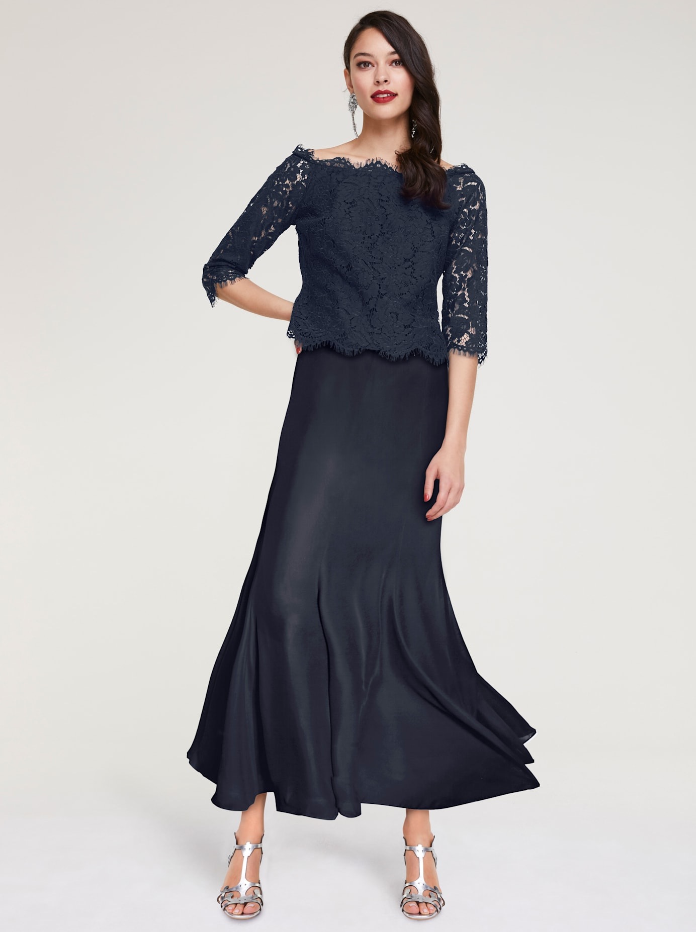 Godetrock HEINE, Damen, Gr. 34, blau (nachtblau), 100% Polyester, unifarben, lang, Röcke Godetrock 3