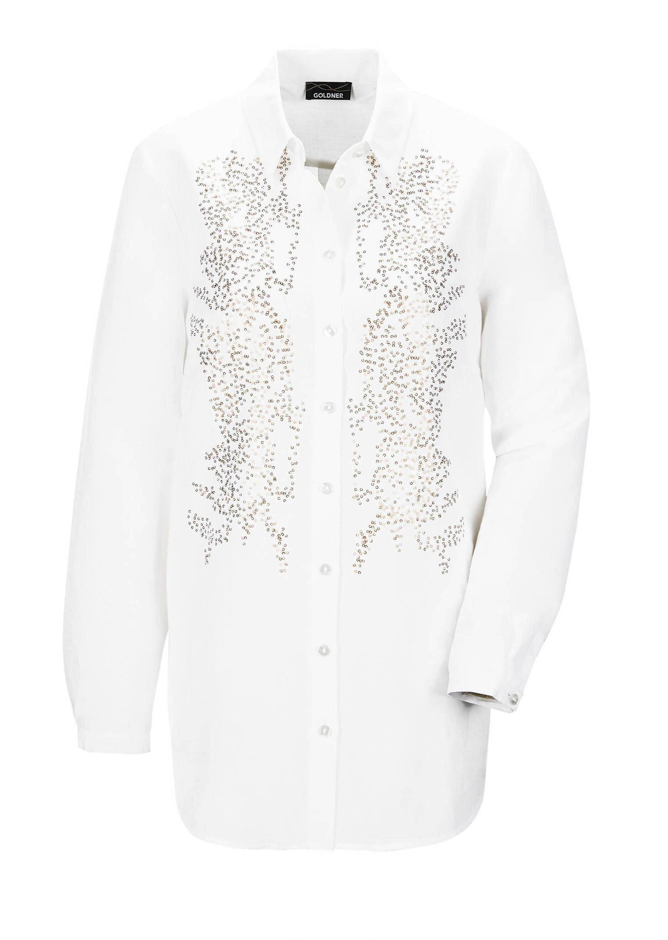 GOLDNER "Kurzgröße Weiße elegante Bluse aus Leinen" Paillettenstickerei