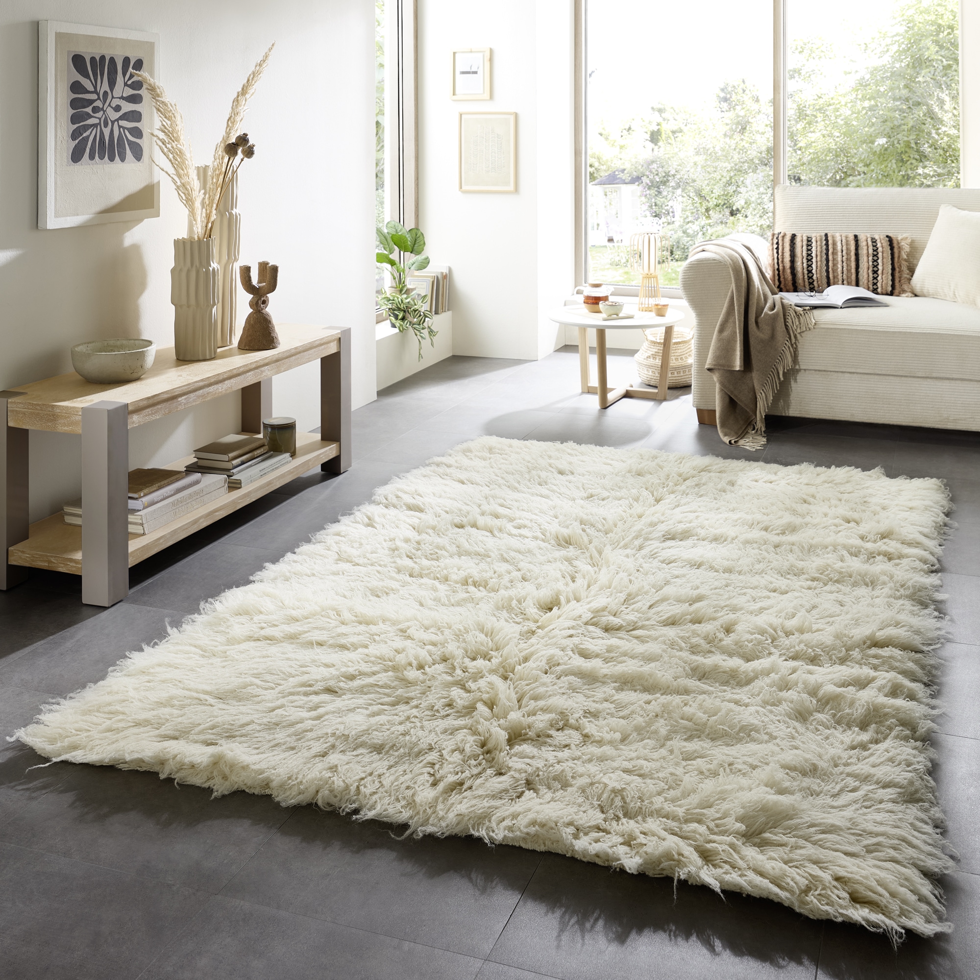 THEKO Bettumrandung "Flokos 2" Höhe 64 mm 3 tlg. Läufer-Set, Hochflor, Uni-Farben, reine Wolle, handgewebt