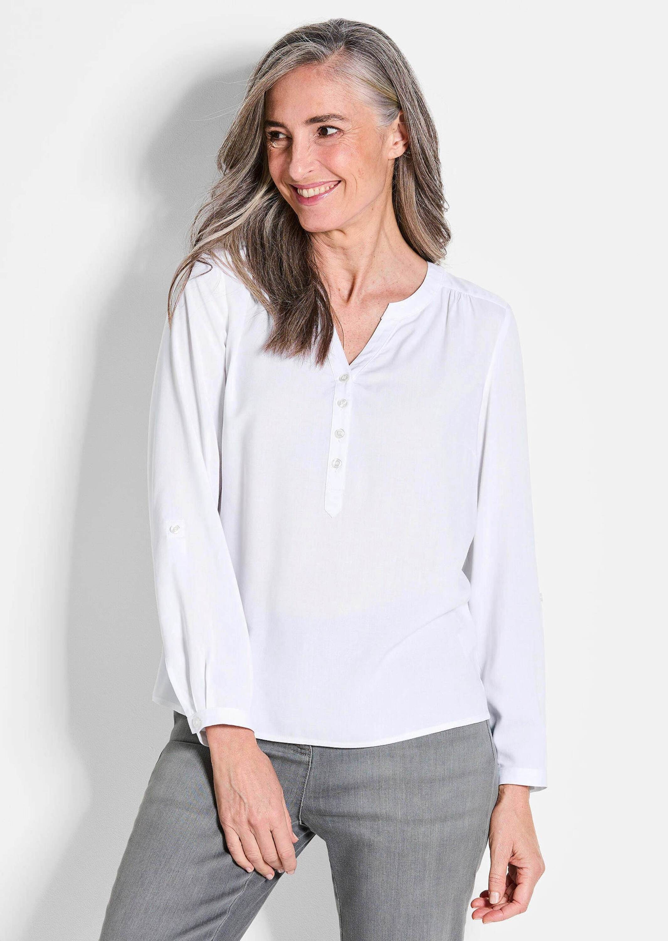 Schlupfbluse GOLDNER "Kurzgröße Elegante Viskosebluse mit V-Ausschnitt", Damen, Gr. 25, weiß, Obermaterial: 100% Viskose CV., Modisch, gerade, Tubular, Blusen Schlupfbluse, Knopfleiste 2