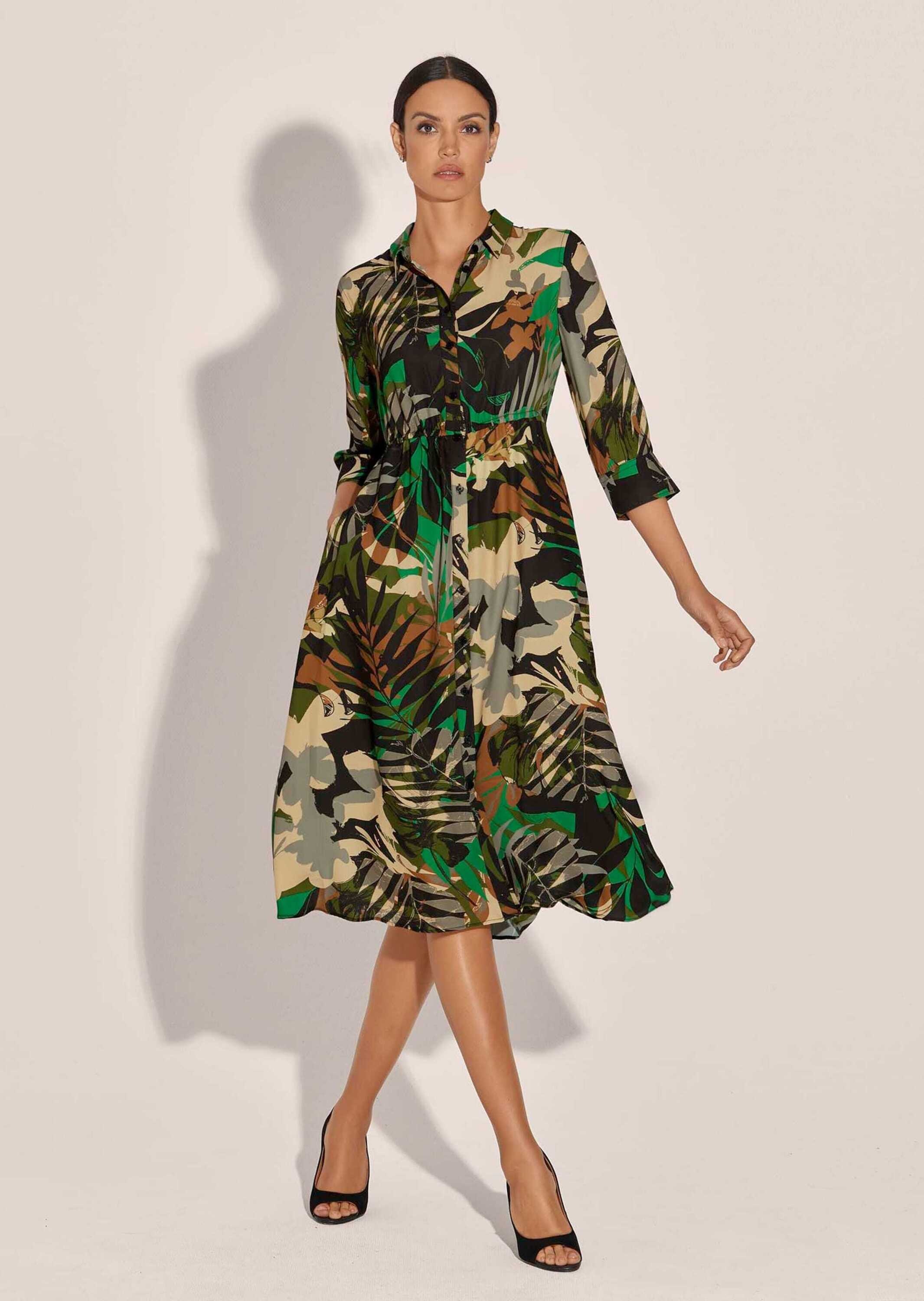 Midikleid MADELEINE "Kleid Bedrucktes Kleid mit Rocktaschen", Damen, Gr. 42, N-Gr, schwarz (schwarz, cognac, khaki), Obermaterial: 100% Viskose CV., Modern, figurumspielend, Kleider Midikleid 2