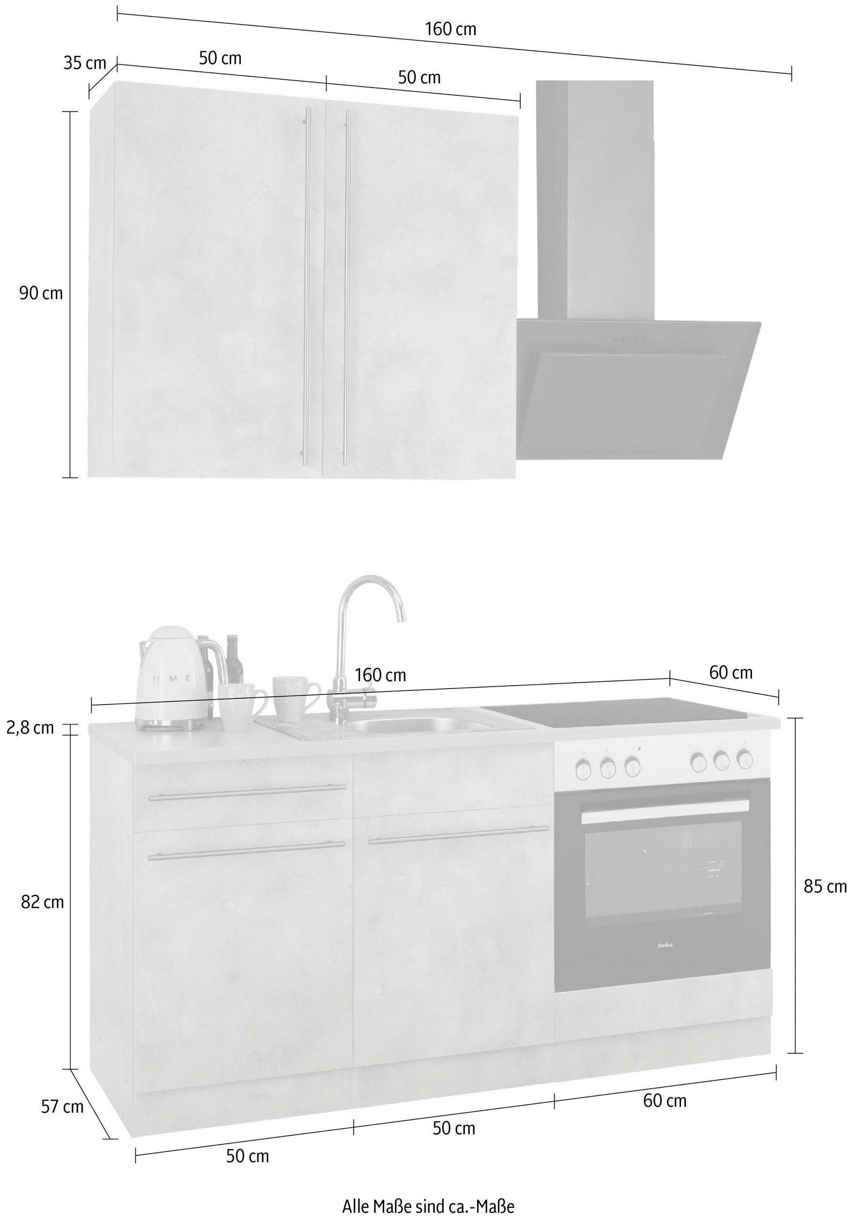 wiho Küchen Küchenzeile »Chicago«, wahlweise mit E-Geräten, Breite 160 cm