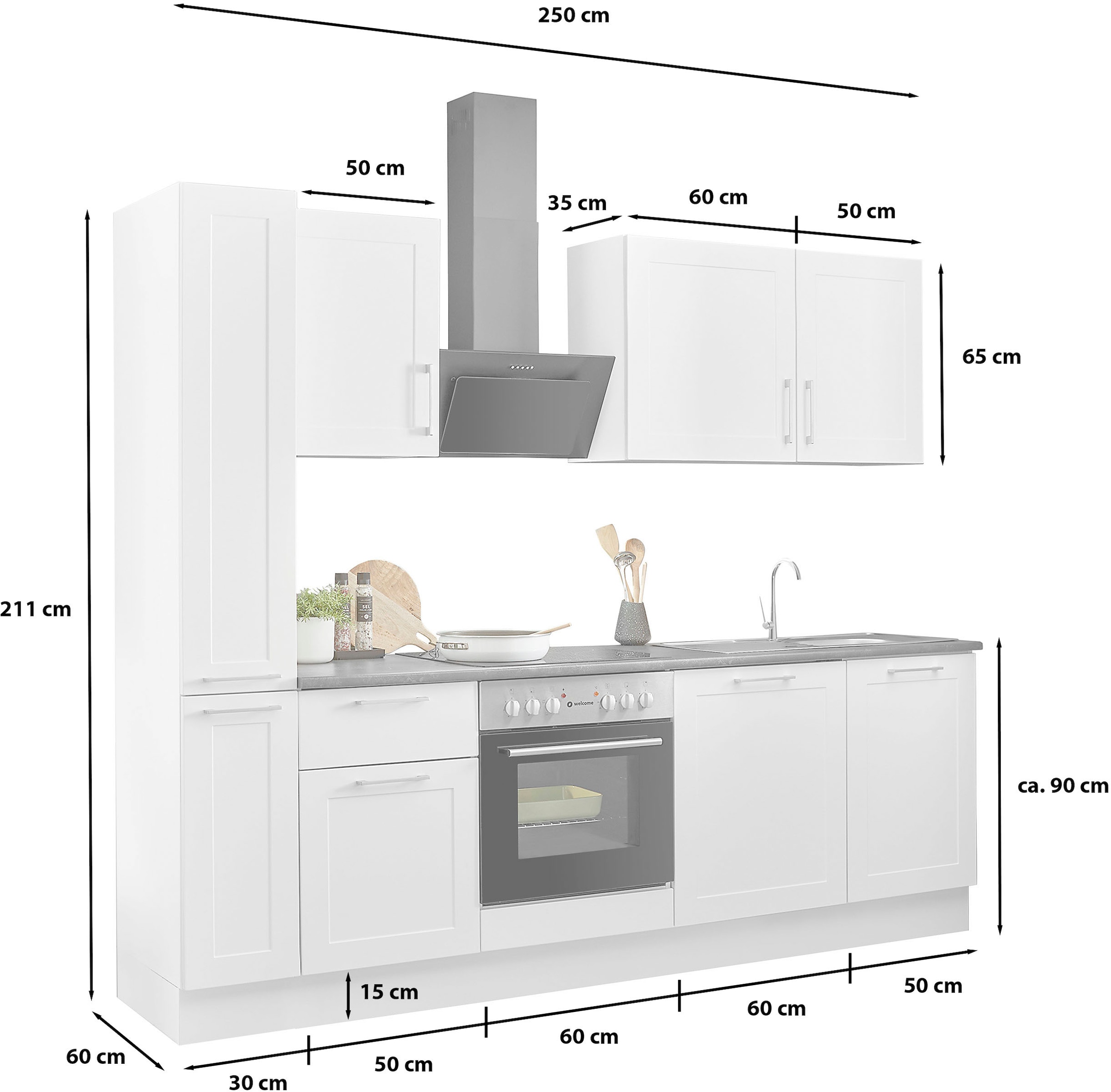 BASIC by Balculina Küchenzeile »Marsi«, Breite 250 cm, wahlweise mit E-Geräten, Soft-Close-Funktion