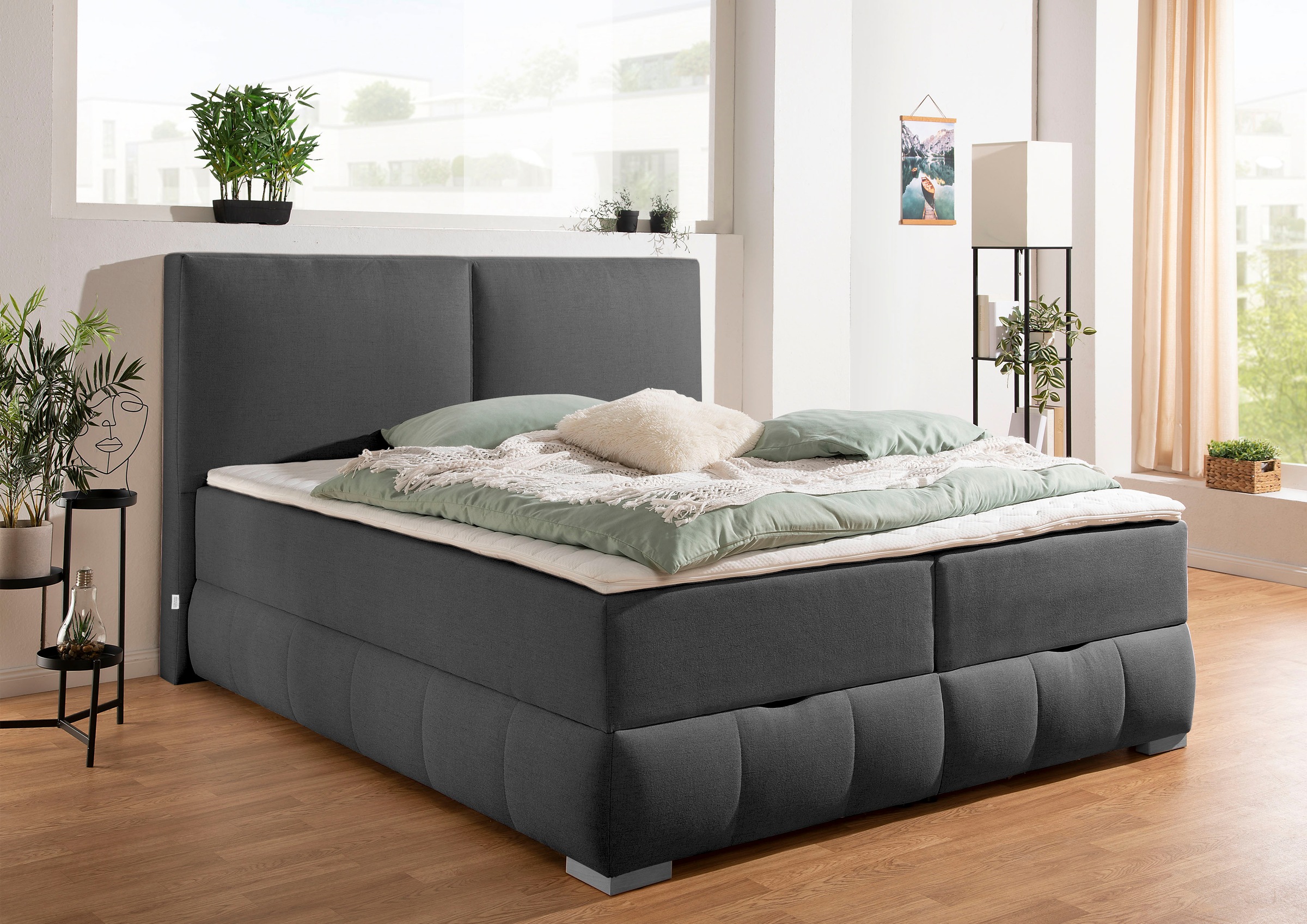 Boxbett OTTO HOME "Wehma", grau (anthrazit), B:170cm L:213cm, Komplettbetten, in H2, H3 & H4 wählbar, inklusive Topper