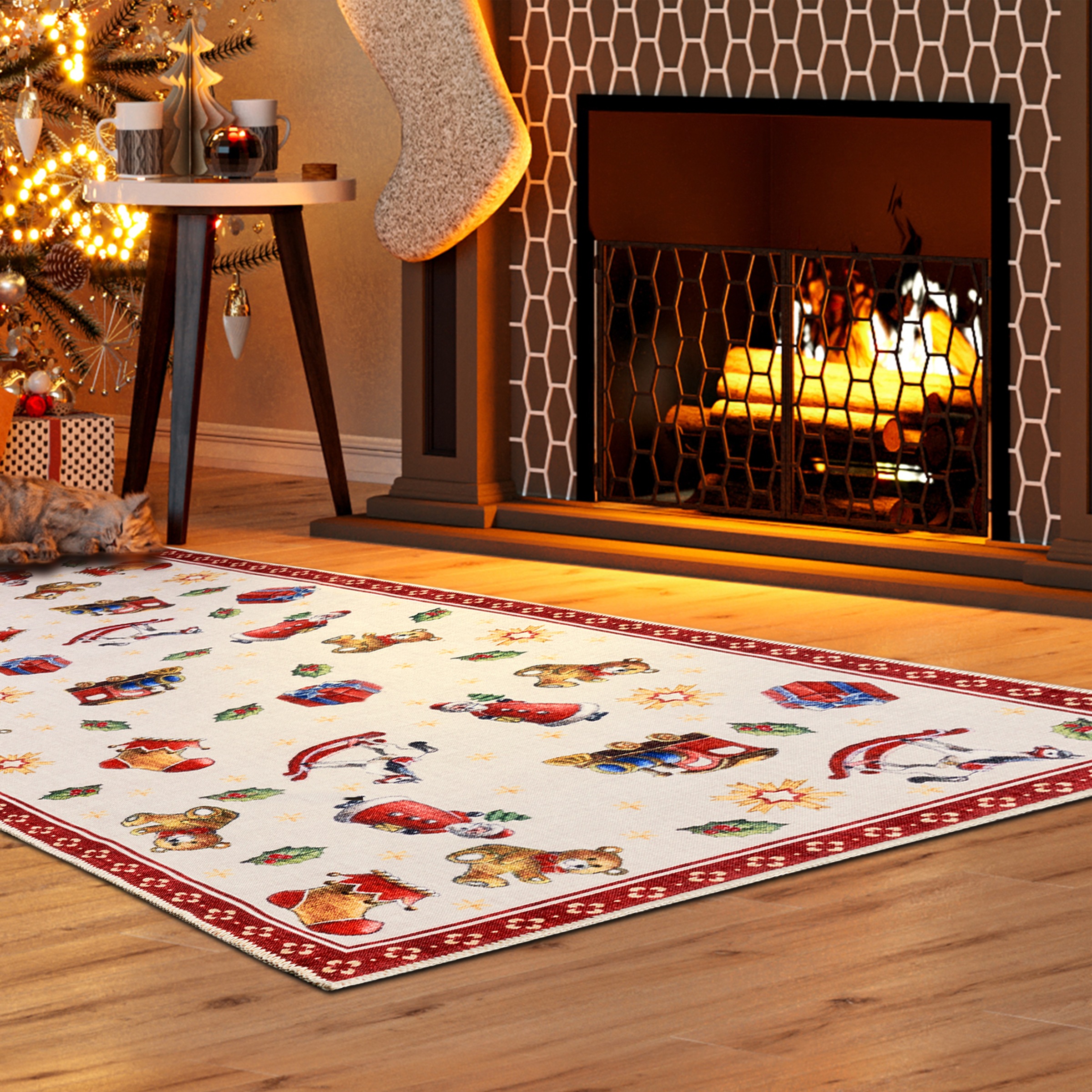 Teppich VILLEROY & BOCH, B:80cm H:3mm L:200cm, rot, Polyester, Wohnzimmer, Teppiche, "Nostalgic Toy's Delight, eckig, rund und Läufer", Weihnachten,