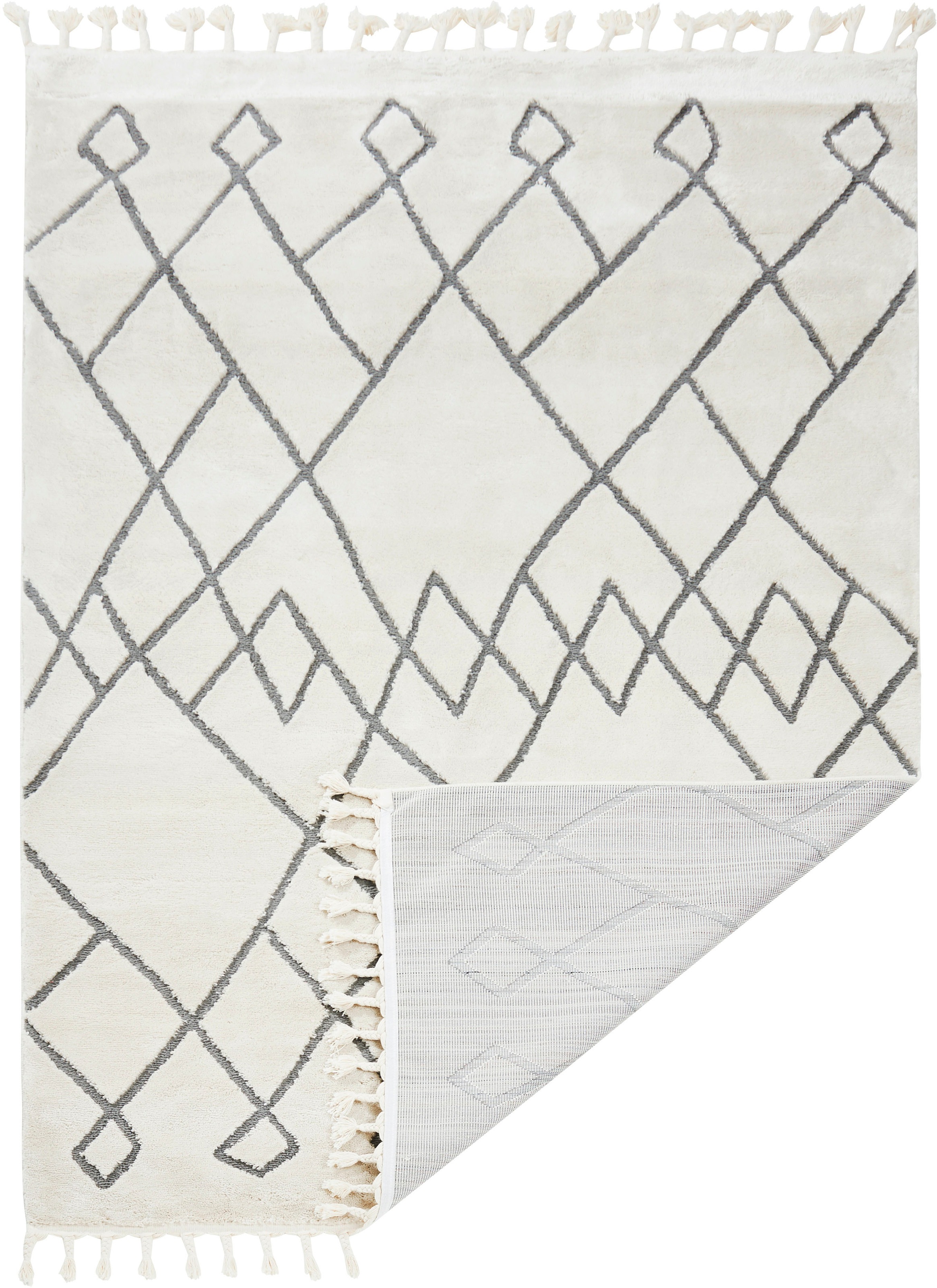 Thumbnail - done. Teppich "SEA" rechteckig 10 mm Höhe modernes Scandi Design, kariert, Hoch-Tief Effekt, mit Fransen