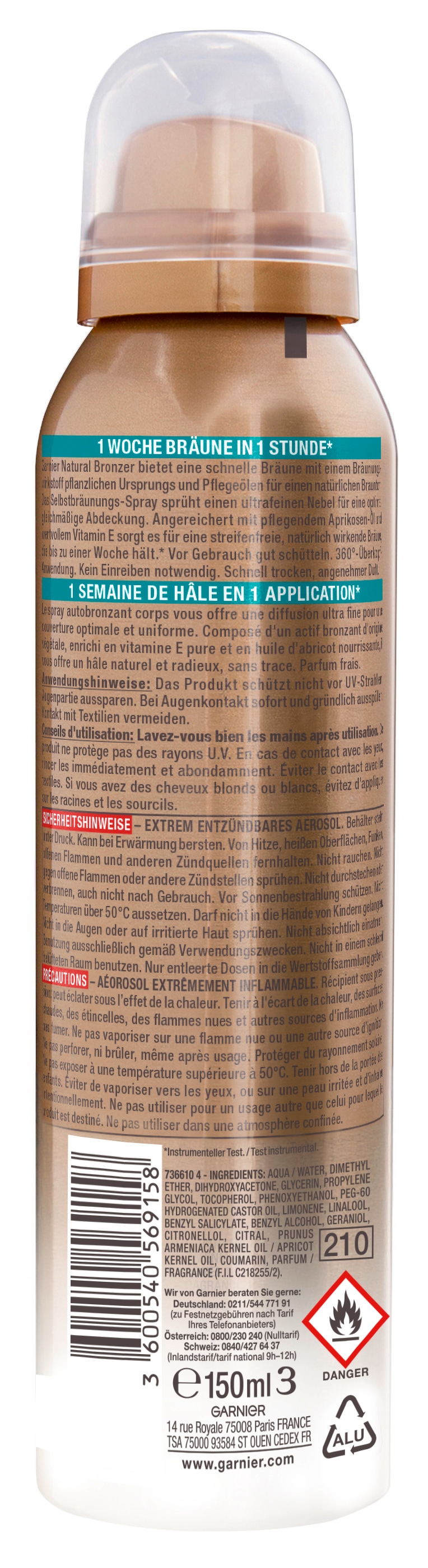 GARNIER Selbstbräunungsspray »AMBRE SOLAIR NATURAL BRONZER« mit Aprikosen-Extrakt, für Gesicht und Körper, zieht schnell ein