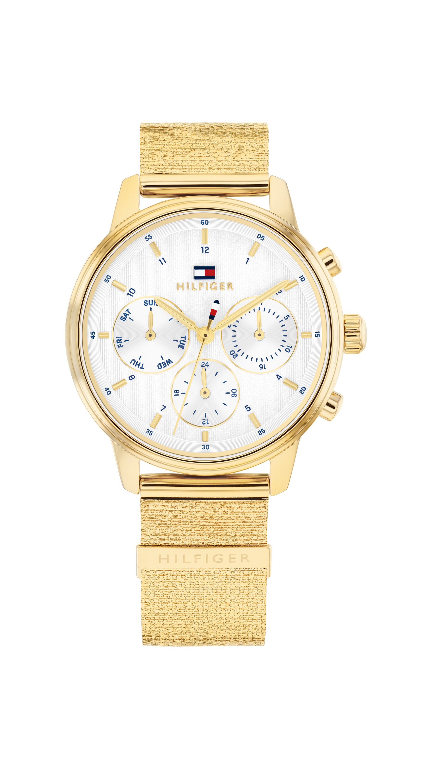 Multifunktionsuhr TOMMY HILFIGER "BLAKE", gold (goldfarben, weiß), Armbanduhren, Damen, Quarzuhr, Armbanduhr, Damenuhr, Edelstahlarmband, analog - Ein