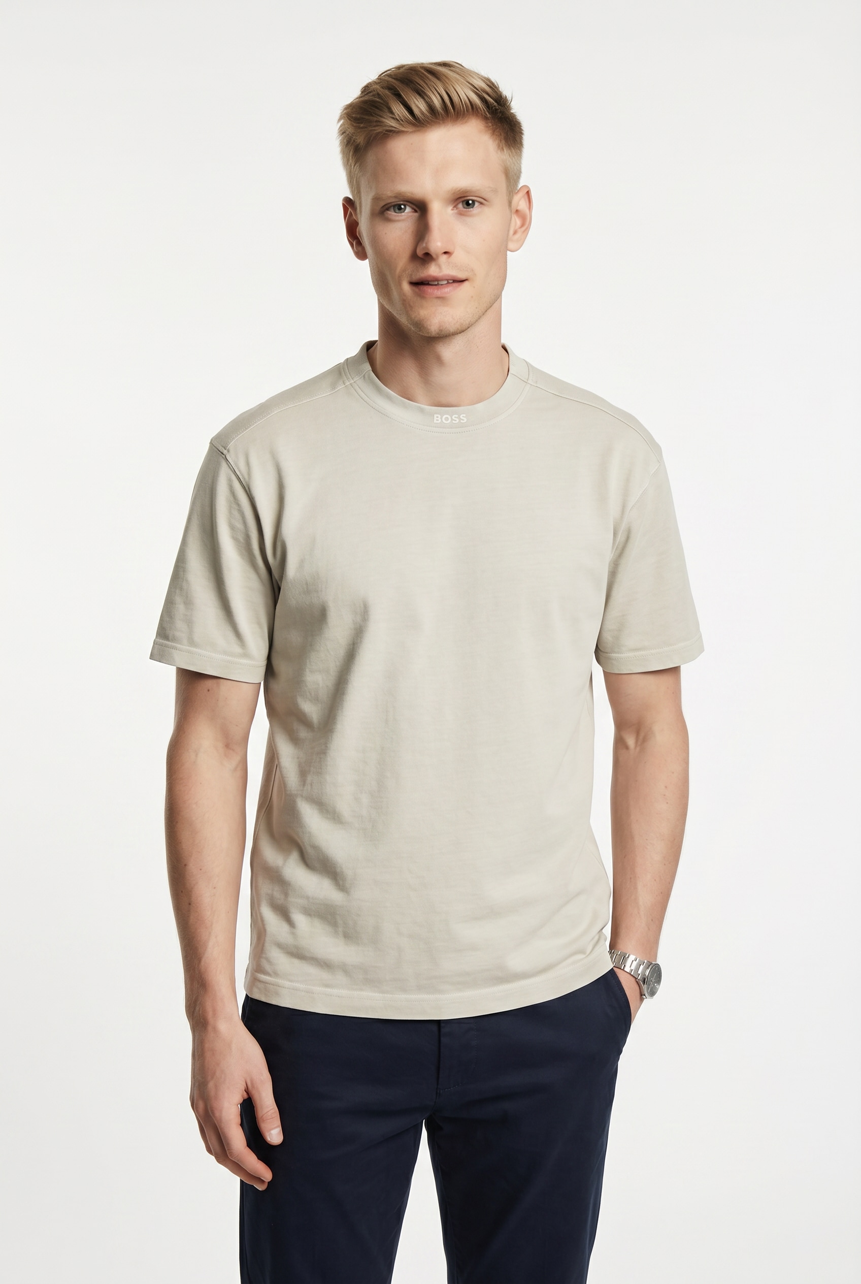 BOSS ORANGE T-Shirt "Te Dye Relaxed Fit" 100% Cotton Jersey Mock Neck Logo Centered