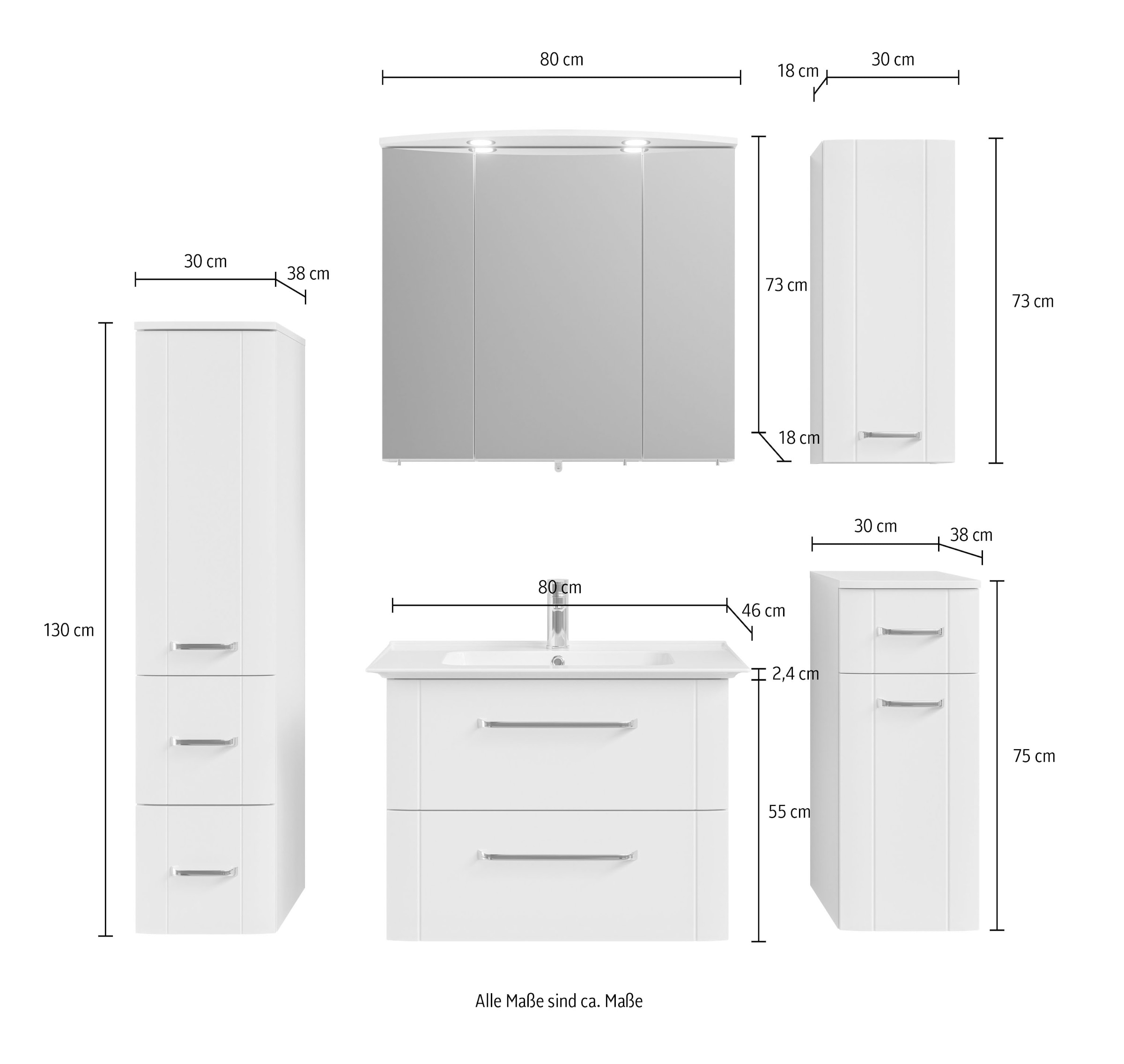 Saphir Badmöbel-Set »Badmöbel-Set Serie 3006 5-teilig Keramik-Waschtisch mit Spiegelschrank«, (6 St.), Badezimmer-Set mit Unterschrank, Hängeschrank, Midischrank, Türdämpfer