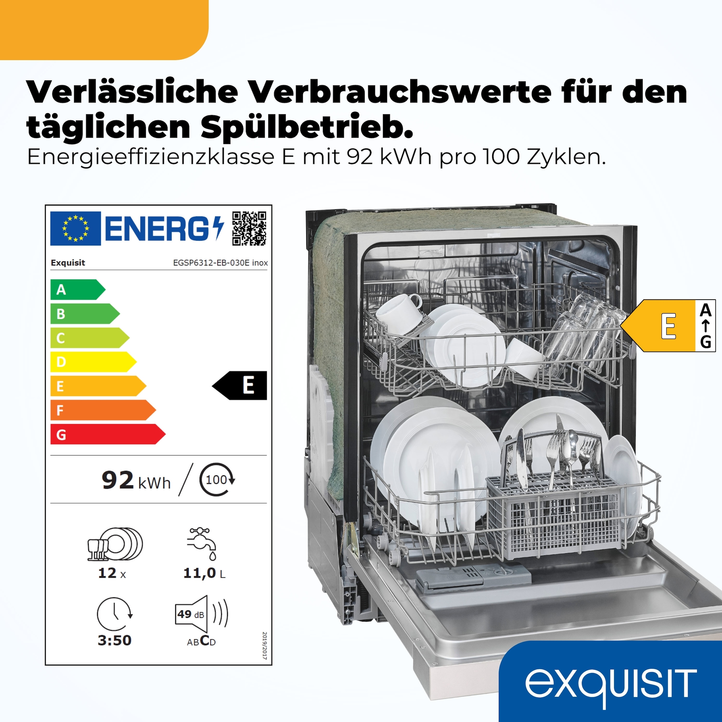 exquisit teilintegrierbarer Geschirrspüler 6312 »EGSP6312-EB-030E inox« 11 l 12 tlg. Maßgedecke 12 Maßgedecke & flüsterleise 49 dB – stark und angenehm ruhig