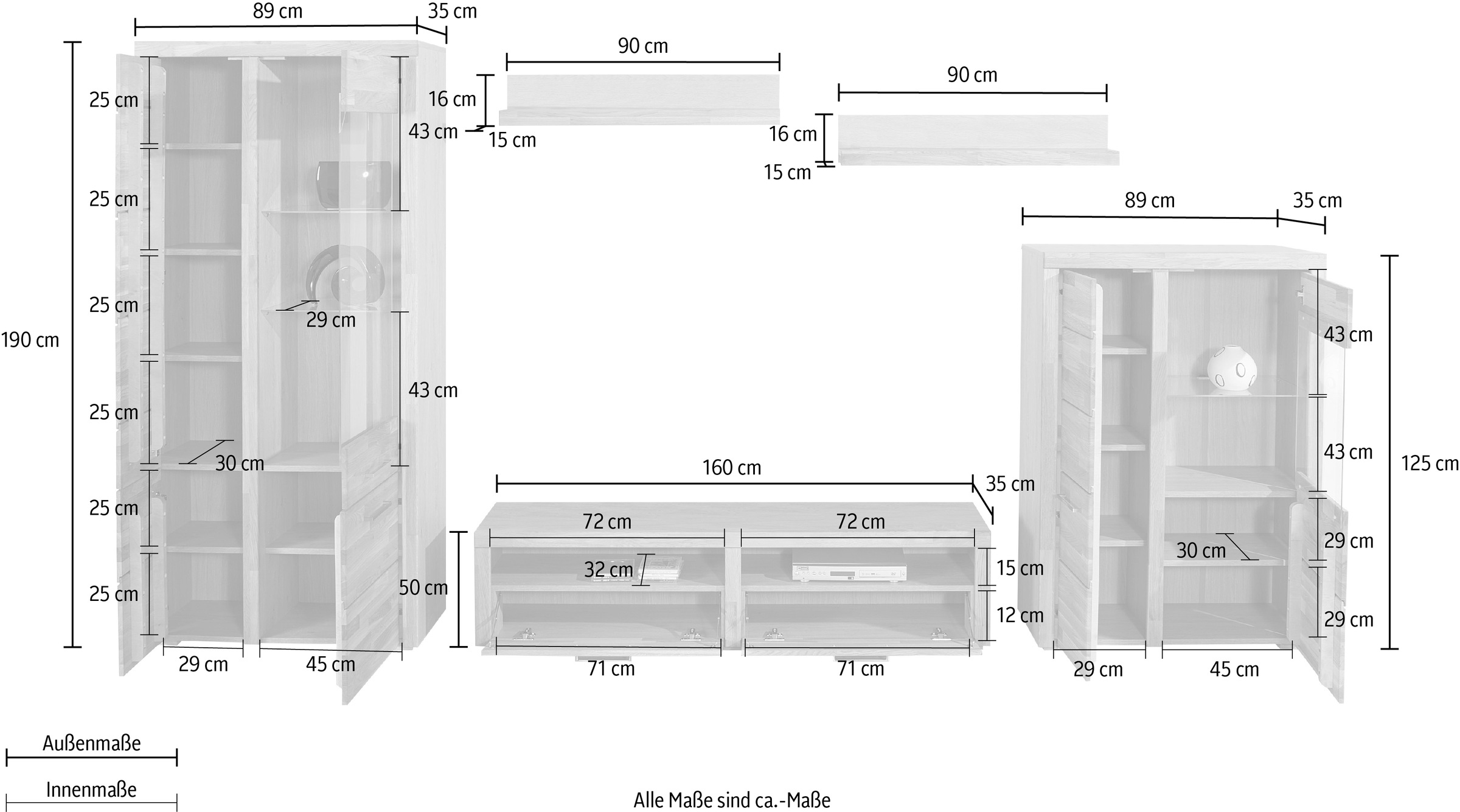 Home affaire Wohnwand »Falco«, (Set, 4 St., 5), Fronten aus Massivholz