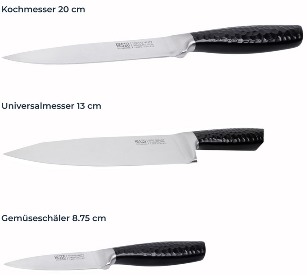 RESTO Kitchenware Messer-Set »Thor, Edelstahlmesser 3-teilig mit einzigartigem Griffdesign«, (Set, 3 tlg.), Kochmesser 20 cm, Universalmesser 13 cm, Gemüsemesser 8,75 cm