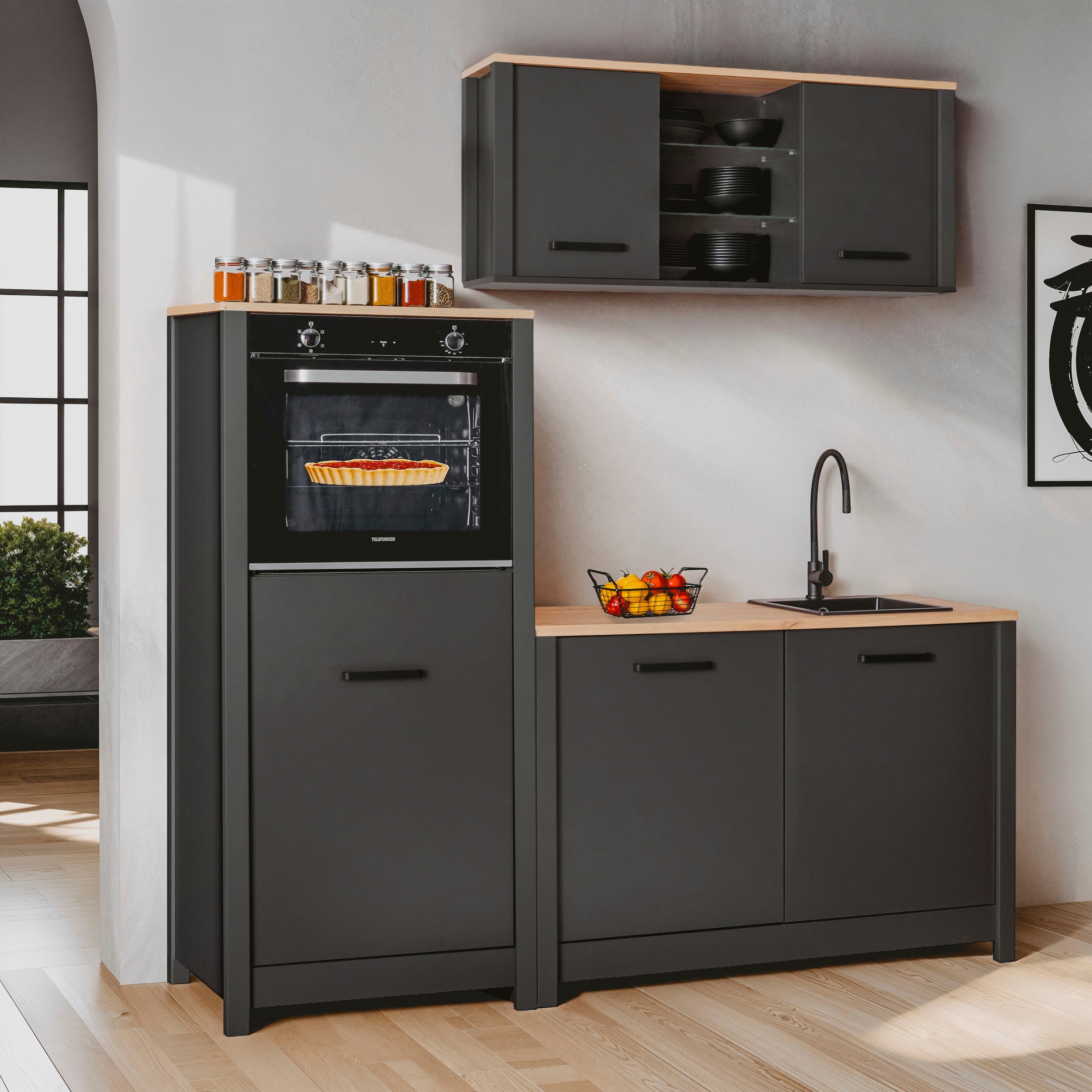 Inter Link Küchenzeile »Carbona, Einbauküche, Küchenblock, Küchenmodul, Kompaktküche« Ohne E-Geräte für Spülmaschine Backofen Kühlschrank B: 200 cm