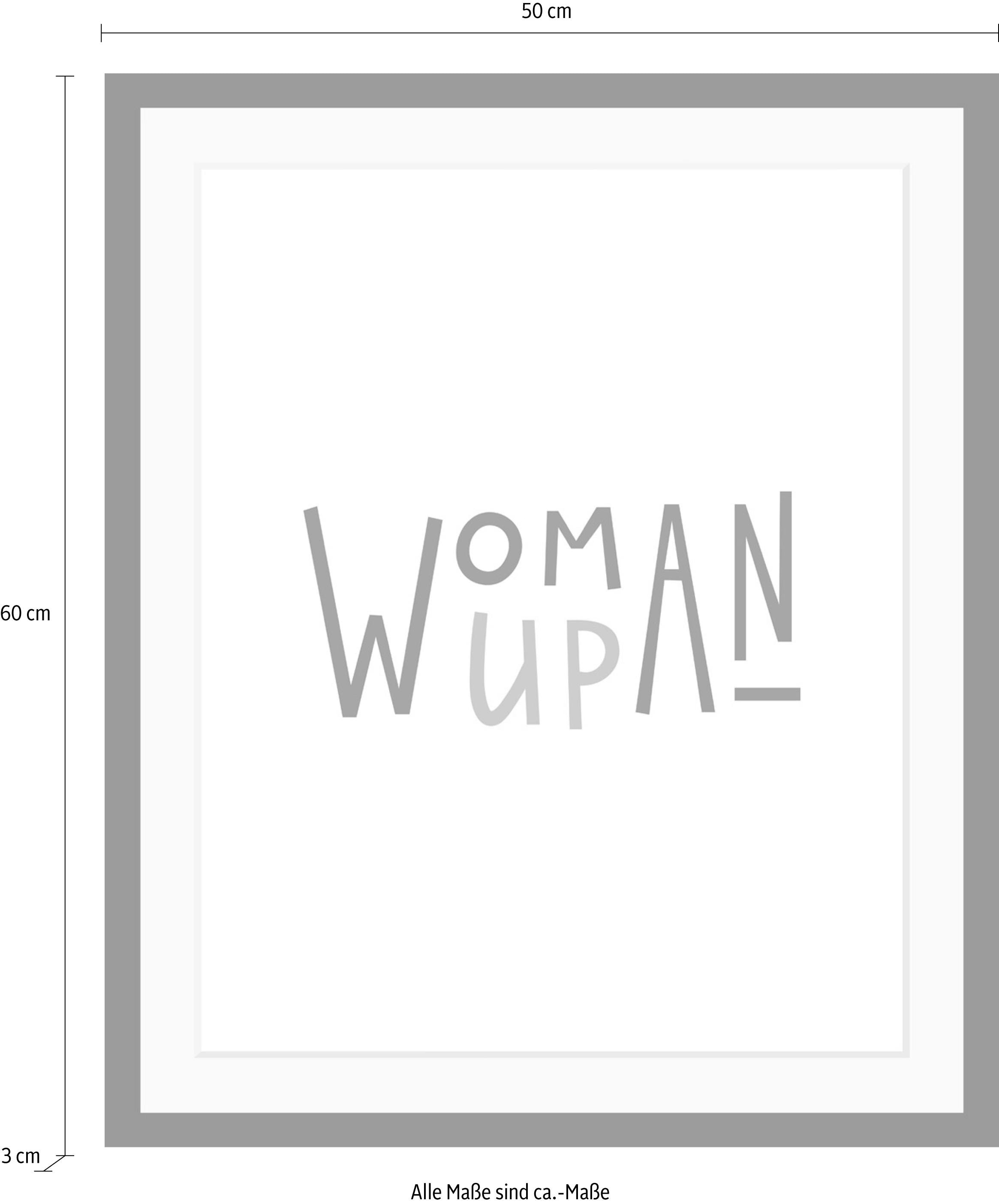 queence Bild »Woman«, Schwarz-Weiß-Schriftzug-Motivationsbilder-Fashion-Frau, HD Premium Poster-Druck inkl. Holzrahmen