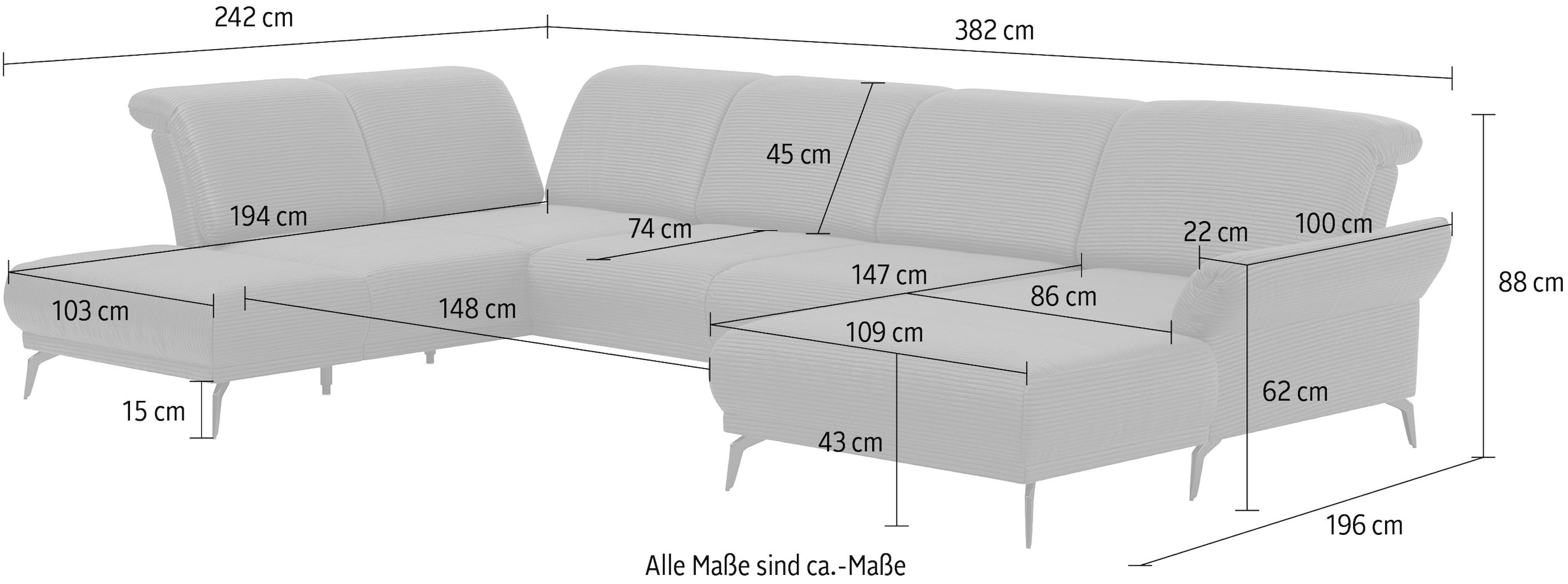 INOSIGN Wohnlandschaft »Coco U-Form«, Sitztiefen-, Arm- und Kopfteilverstellung, Cord-Bezug, Fußhöhe 15 cm