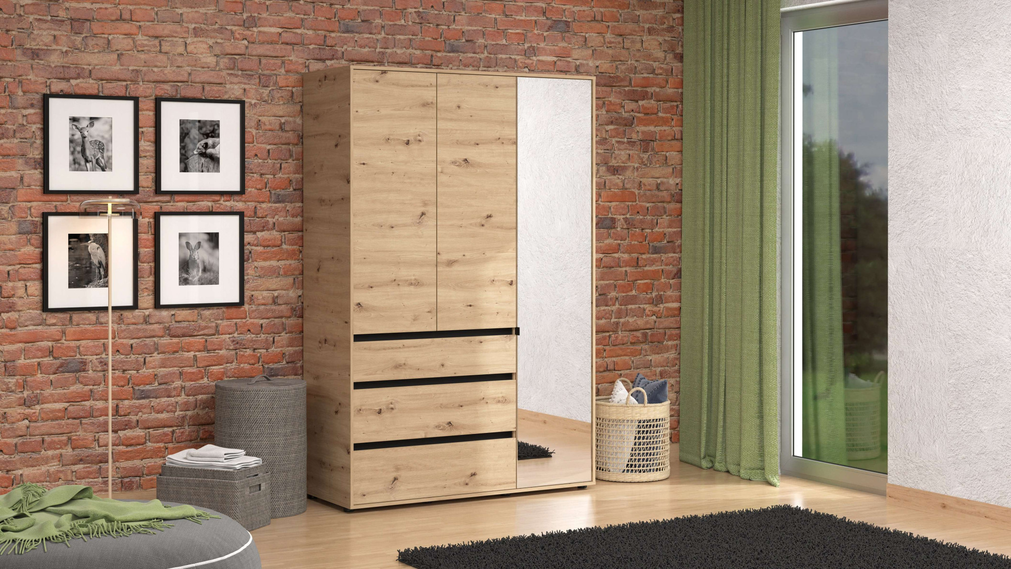 Home affaire Kleiderschrank "Corbett, grifflose Optik, FSC-zertifziert, Made in Europe" 138 oder 182,5cm breit, 211cm hoch und 54,5cm tief, mit Spiegel, 3 Schubladen und Innenausstattung