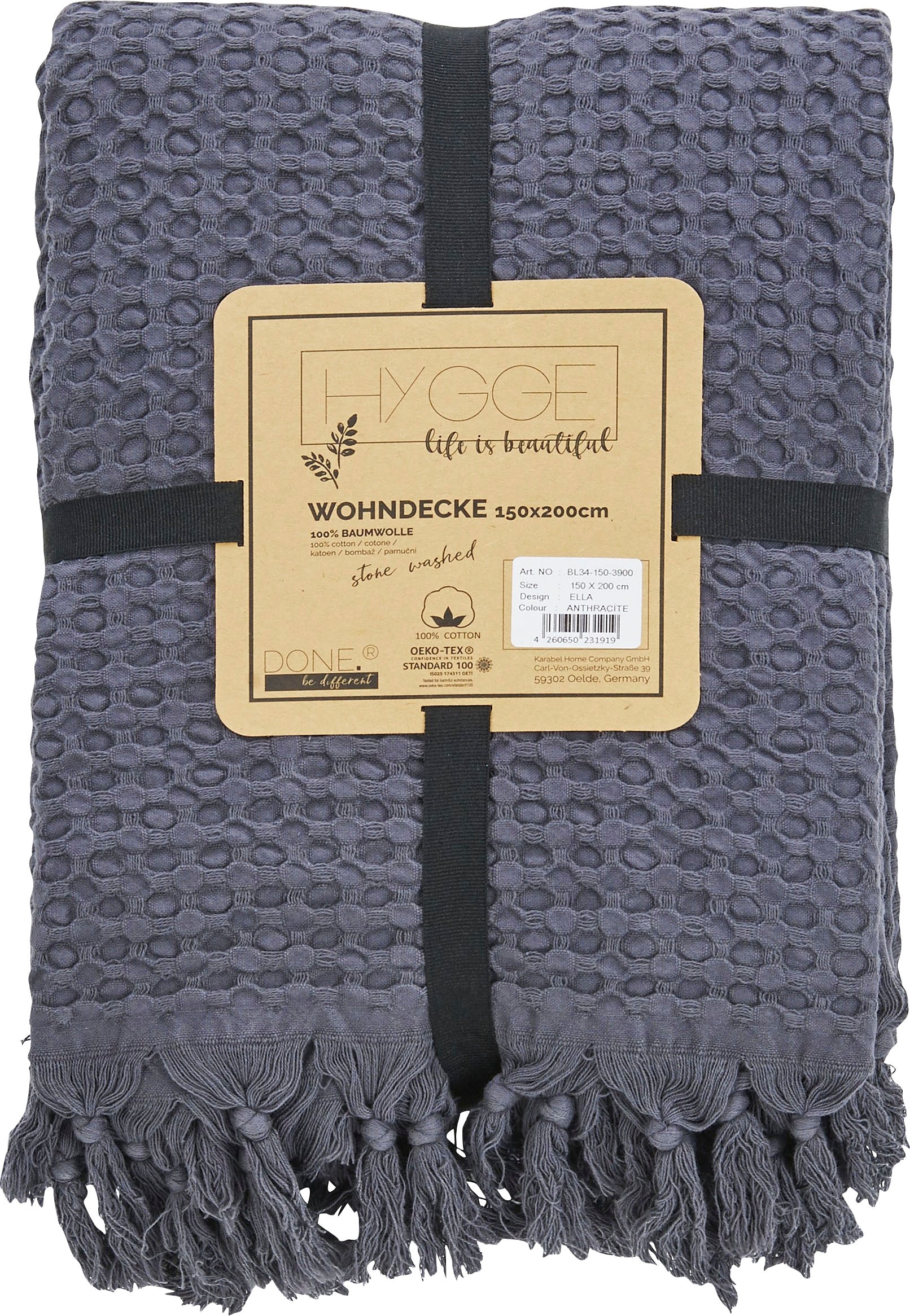 done.® Wohndecke »Ella«, Wohndecke mit Waffelstruktur und handgeknoteten Fransen, Kuscheldecke