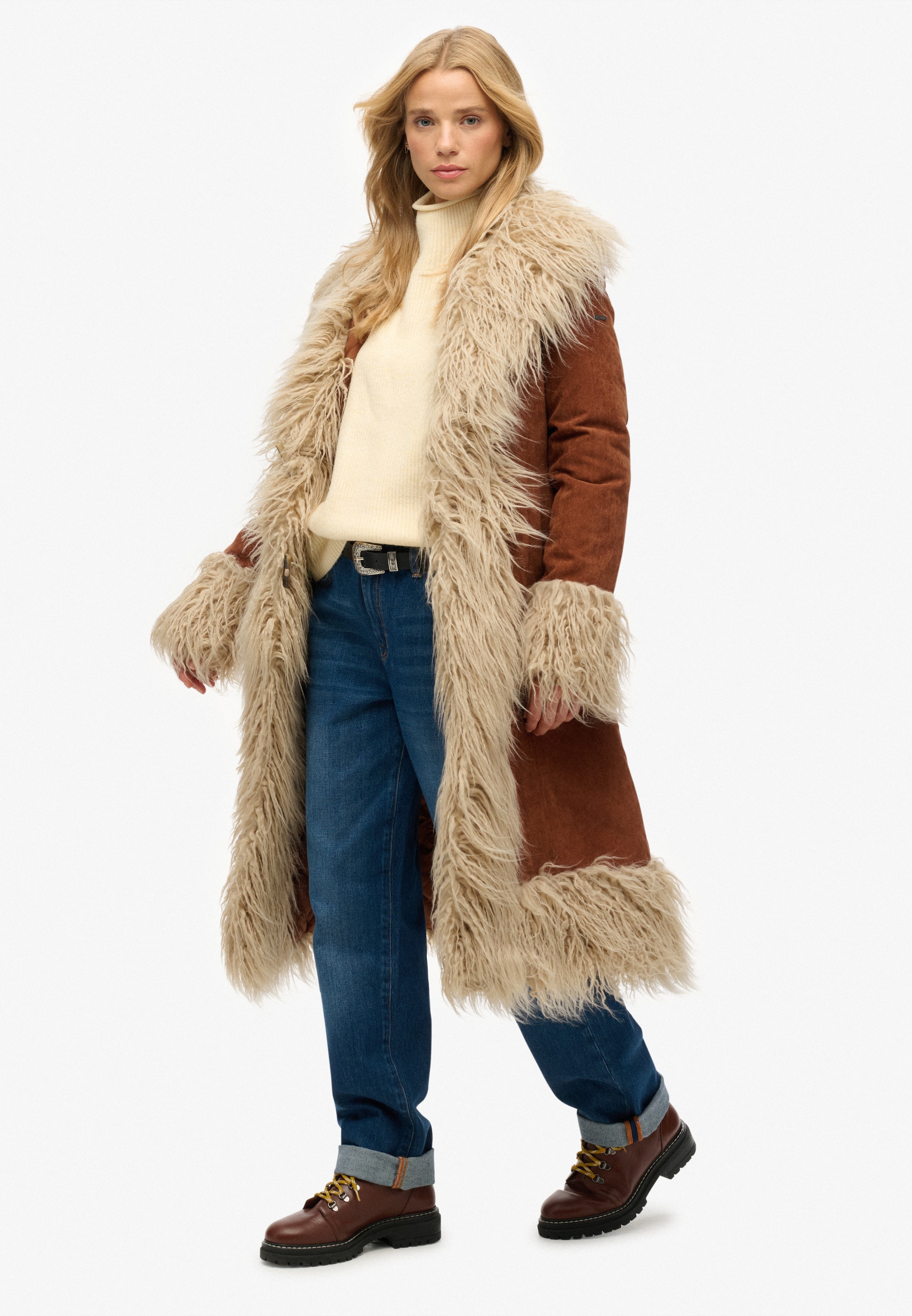 Superdry Fellimitatmantel »LONG AFGHAN COAT« Materialmix, slim fit, mit Kunstfellbesatz