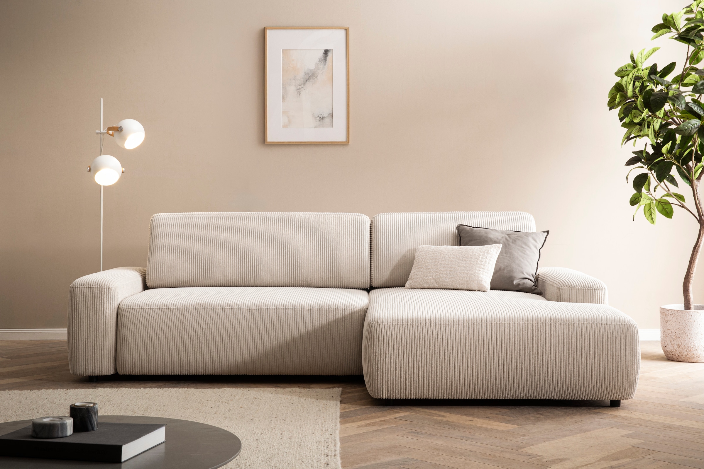 Home affaire Ecksofa »TORGE (264cm), Schlafsofa in Cord, Samtvelours o Struktur fein, L-Form« Schlaffunktion, Bettkasten, Liegefläche: 125/210 cm