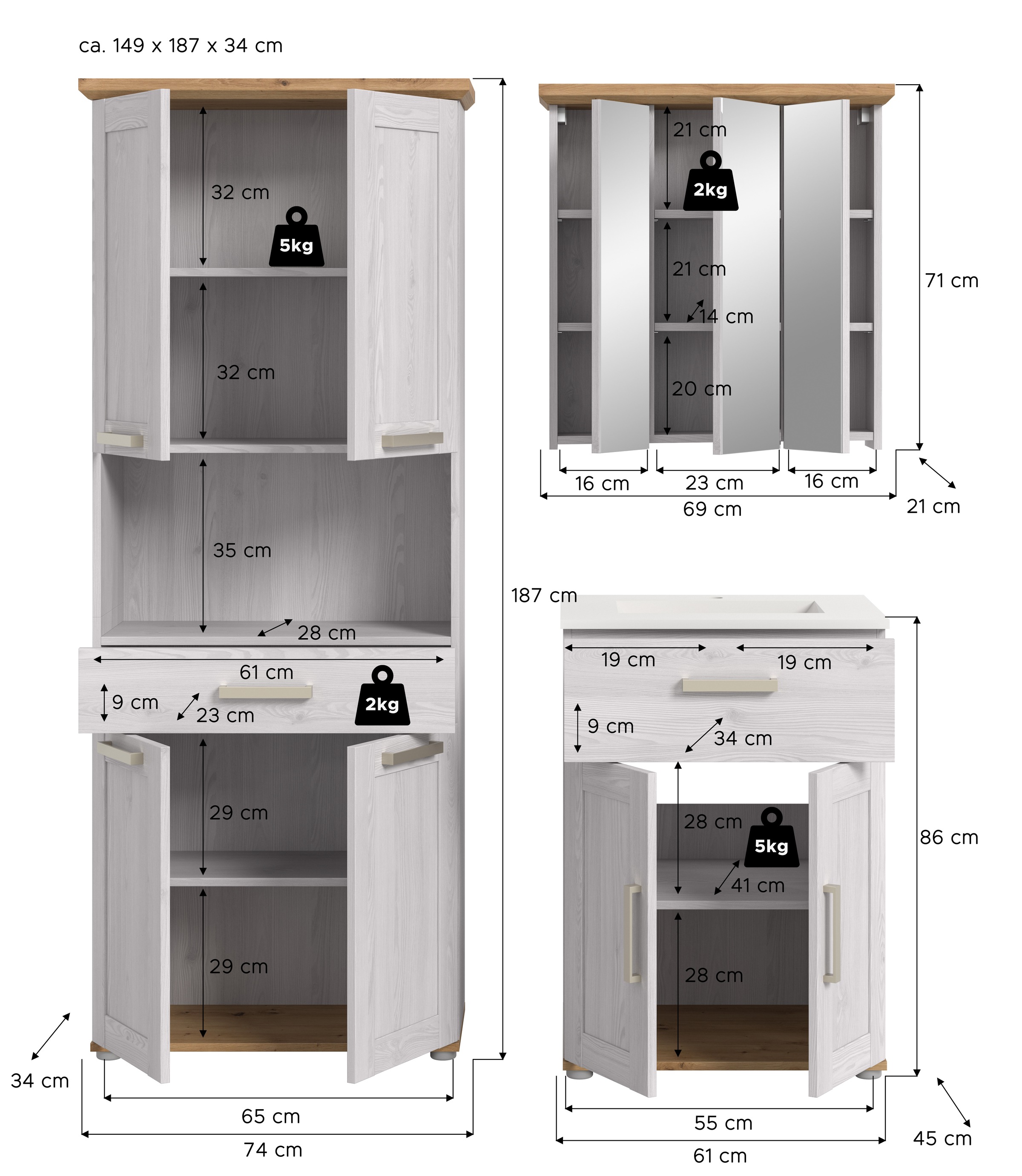 welltime Badmöbel-Set »COSENZA, 3-teilig, in Landhausoptik, mit farblich abgesetztem Kranz« best.aus: Hochschrank, Waschtisch inkl. Waschbecken & Spiegelschrank, 3 Stk. tlg.
