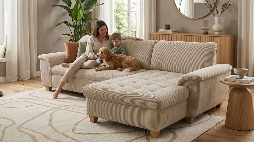 OTTO home Ecksofa "Eggery 279 x 170 cm, auch mit Schlaffunktion & Bettkasten, Holzfüße" Kopfteile verstellbar, L-Form, aus Pet Friendly Cord