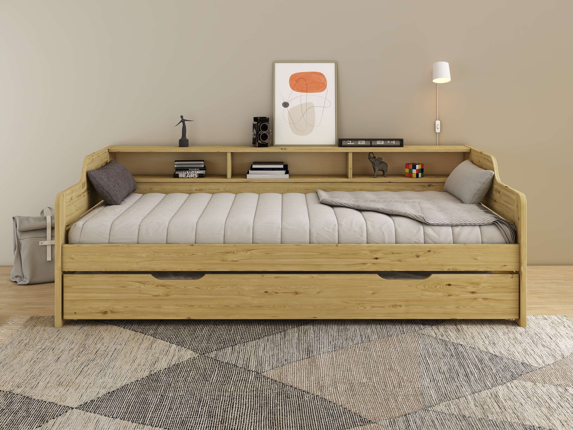 Home affaire Daybett »"REETE1", Stauraum, Funktionsbett, Kinderbett, inklusive Schubkasten«, (90x200cm, 2 Schlafplätze), mit Regalen, FSC® zertifiziertes Massivholz (Kiefer), Landhausstil