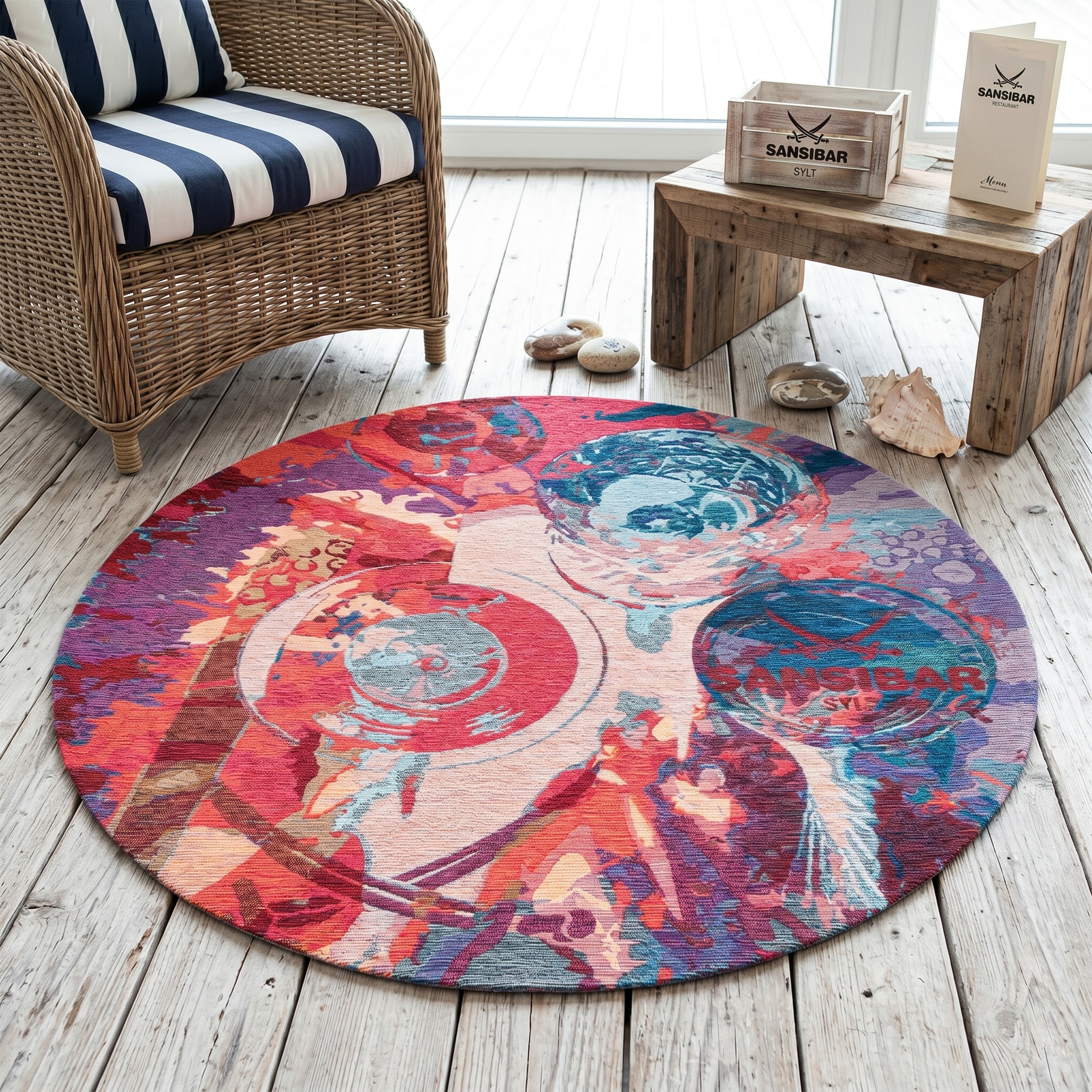Sansibar Teppich "Keitum 008" rund 3 mm Höhe Flachgewebe, modernes Design, Motiv Gläser & gekreuzte Säbel