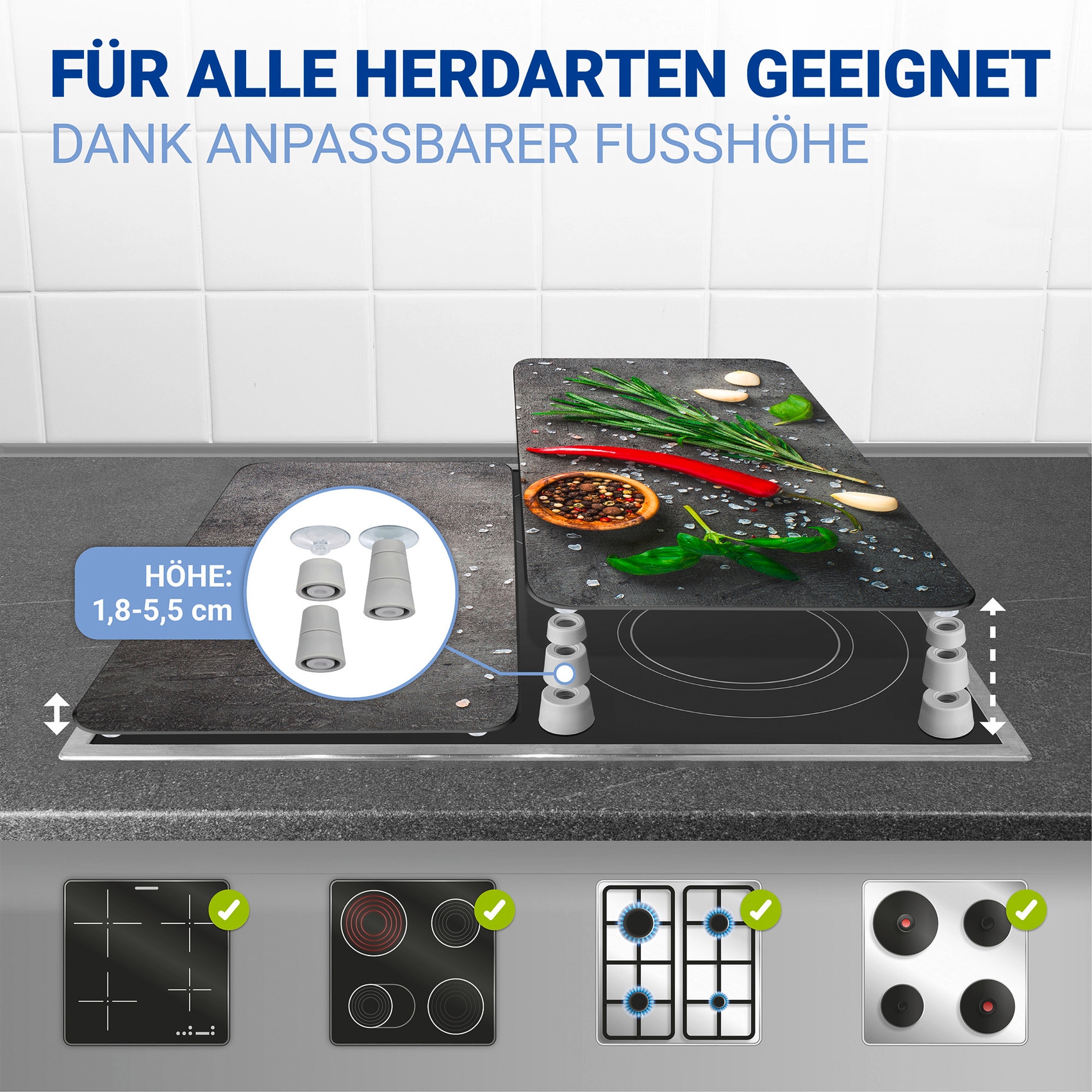 WENKO Herd-Abdeckplatte »Universal Modell Rosmarin«, (Set, 2 tlg.), Herdabdeckung für alle Herdarten, kratzfest, mit rutschfesten Füßen