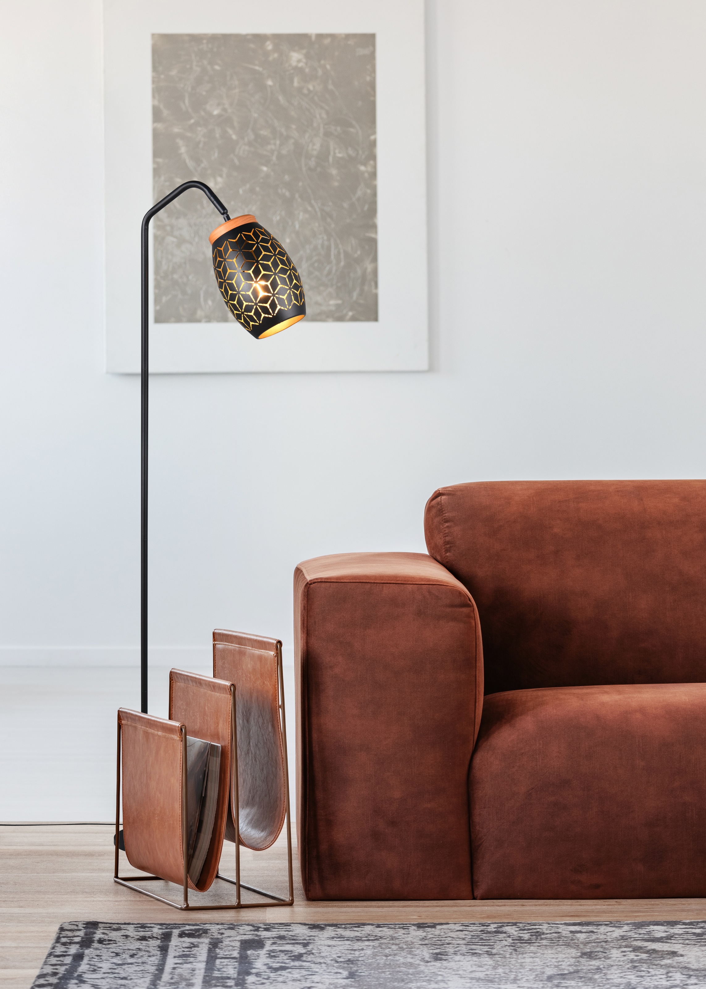 REALITY Leuchten Stehlampe »BIDAR, Stehleuchte Höhe 147 cm mit Fußschalter, exkl 1x E27 max 10W«, 1 flammig, Leuchtmittel E27 | Leuchtmittel wechselbar, Metall-Lampenschirm mit Lasercut Muster und Holz-Dekoelement