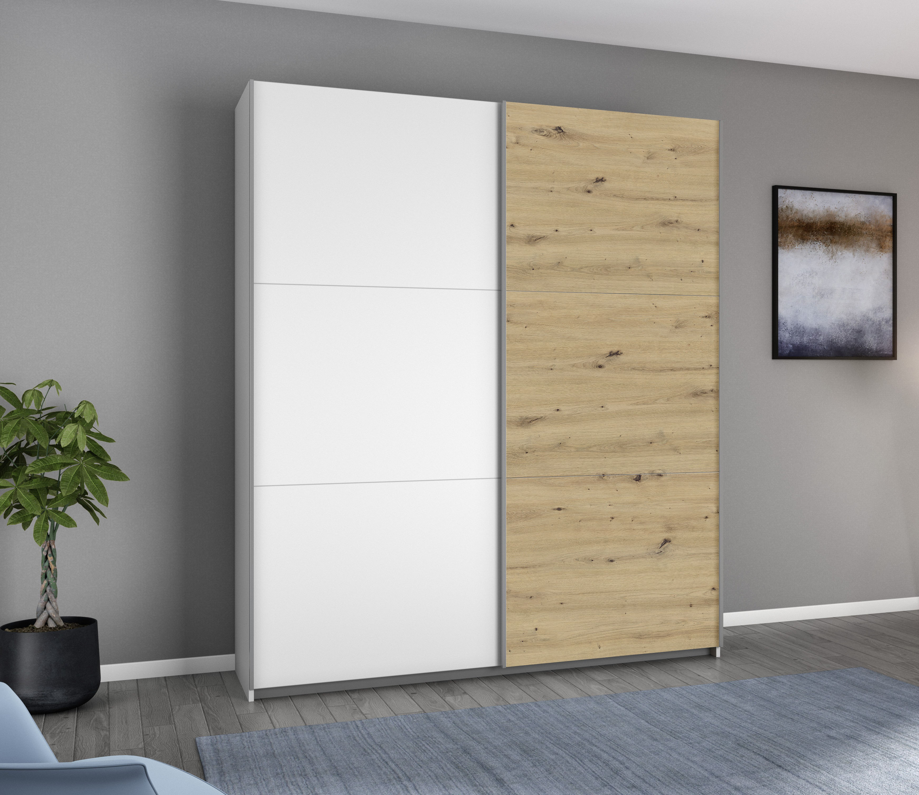 rauch Schwebetürenschrank "AURELIO Kleiderschrank Garderobe" 3 Ausstattungen BASIC/CLASSIC/PREMIUM (inkl. SOFT-CLOSE-FUNKTION), 3 verschiedene Ausstattungsvarianten Griffe aus Metall MADE IN GERMANY
