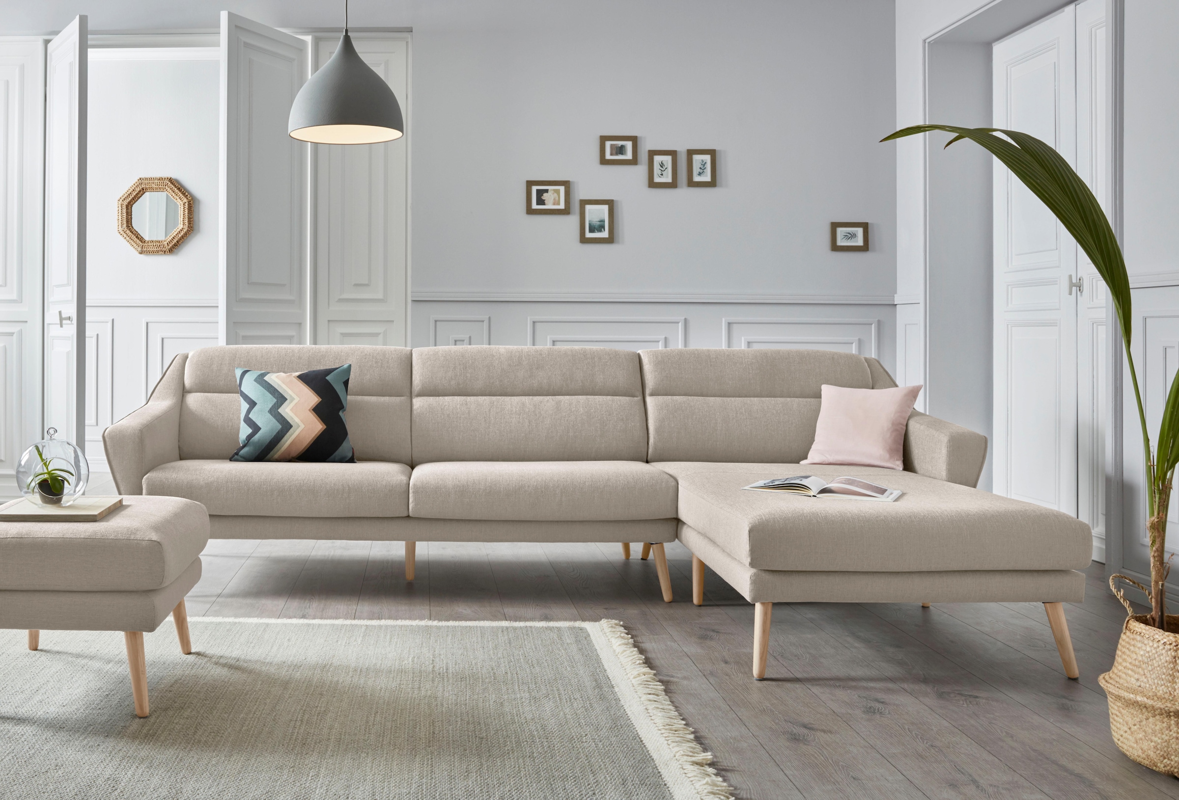 OTTO home Ecksofa "Bille L-Form" mit Naht im Rückenkissen und Beinen aus Eichenholz