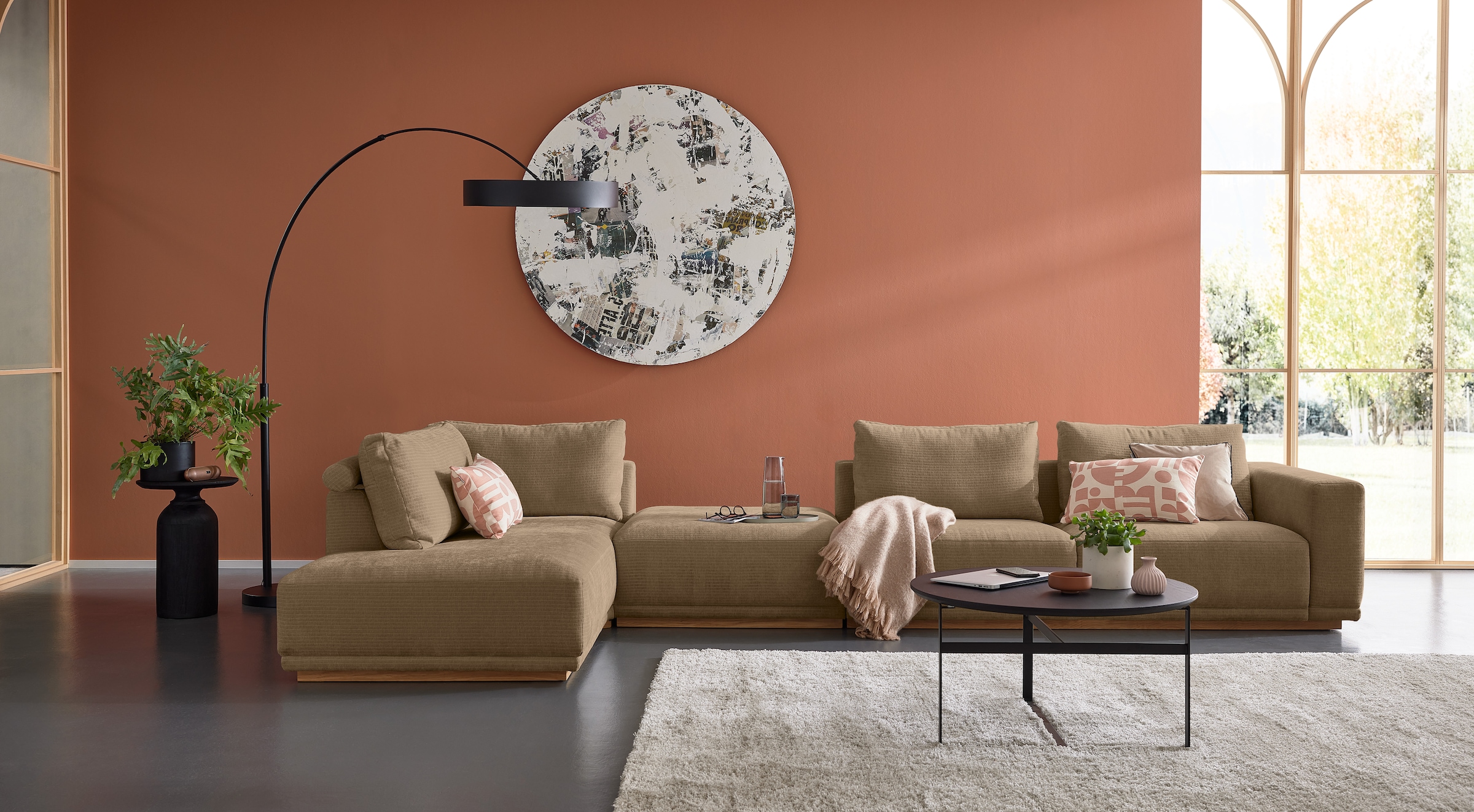 Musterring Wohnlandschaft "JustB PM200 bequem, wahlw. Sitzvorzug, Breite 395cm, Holzsockel" Anreihsofa Armlehne rechts, Eckteil links und Hocker. Ohne Sitzvorzug