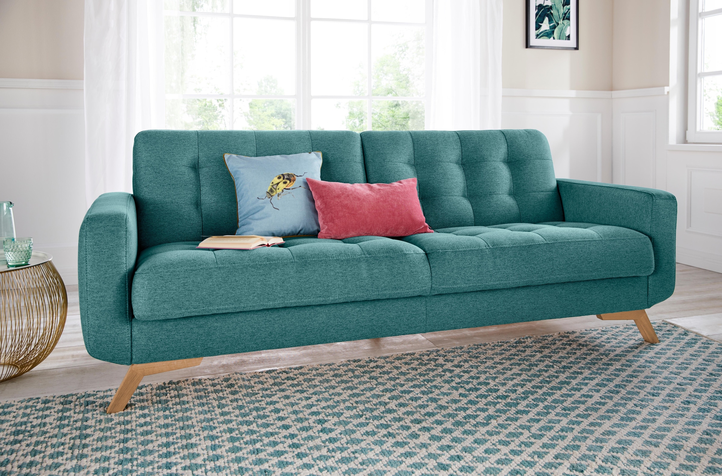 exxpo - sofa fashion 3-Sitzer »Fiord, aktuelles Design, tolle Detailverarbeitung im Sitz und Rücken«, bequem, wahlweise Kippcouch mit Bettfunktion und Bettkasten, Holzfuß