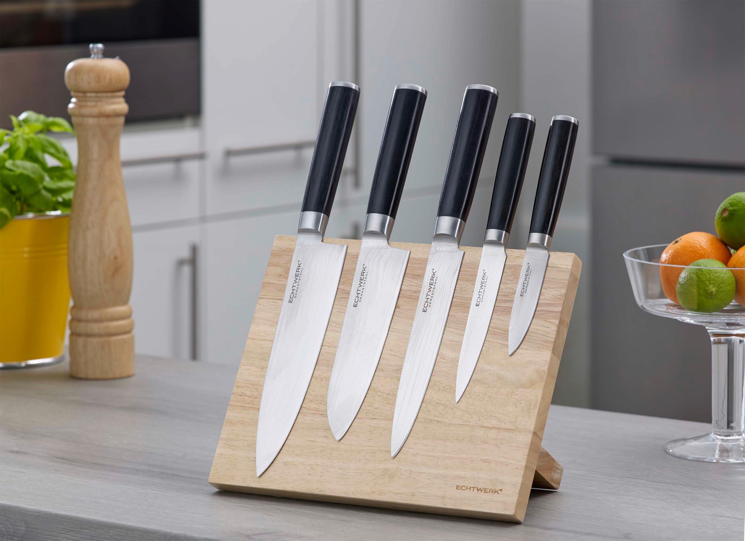 ECHTWERK Magnet-Messerblock 6 incl. Damaszener Messer-Set, ergonomischer Holzgriff aus Pakka-Holz