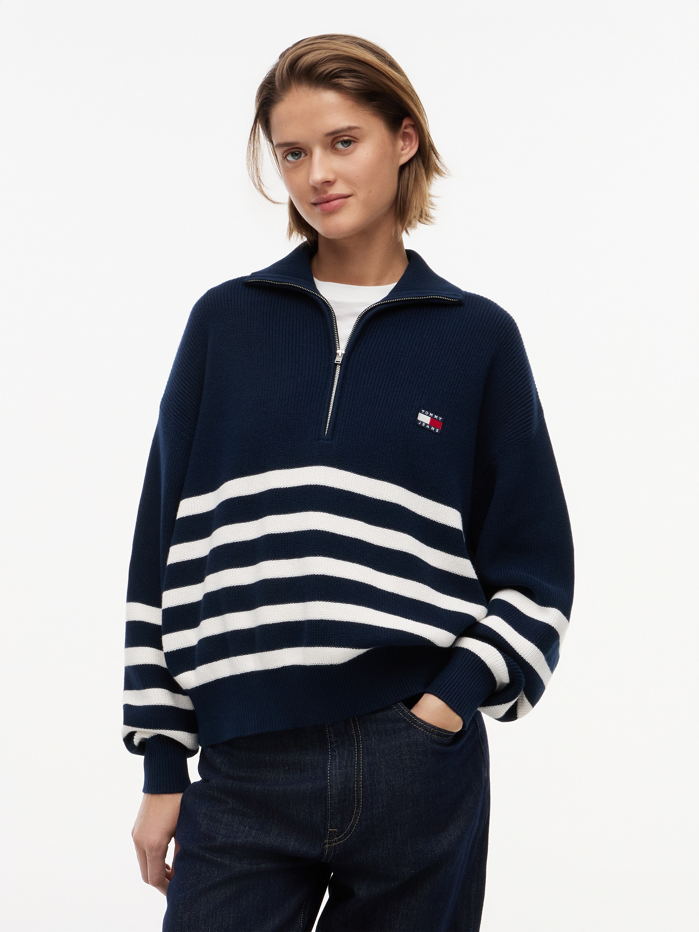 Tommy Jeans Troyer "TJW STRIPE QUARTER ZIP SWEATER" Baumwolle, mit Zipper, Streifen Design